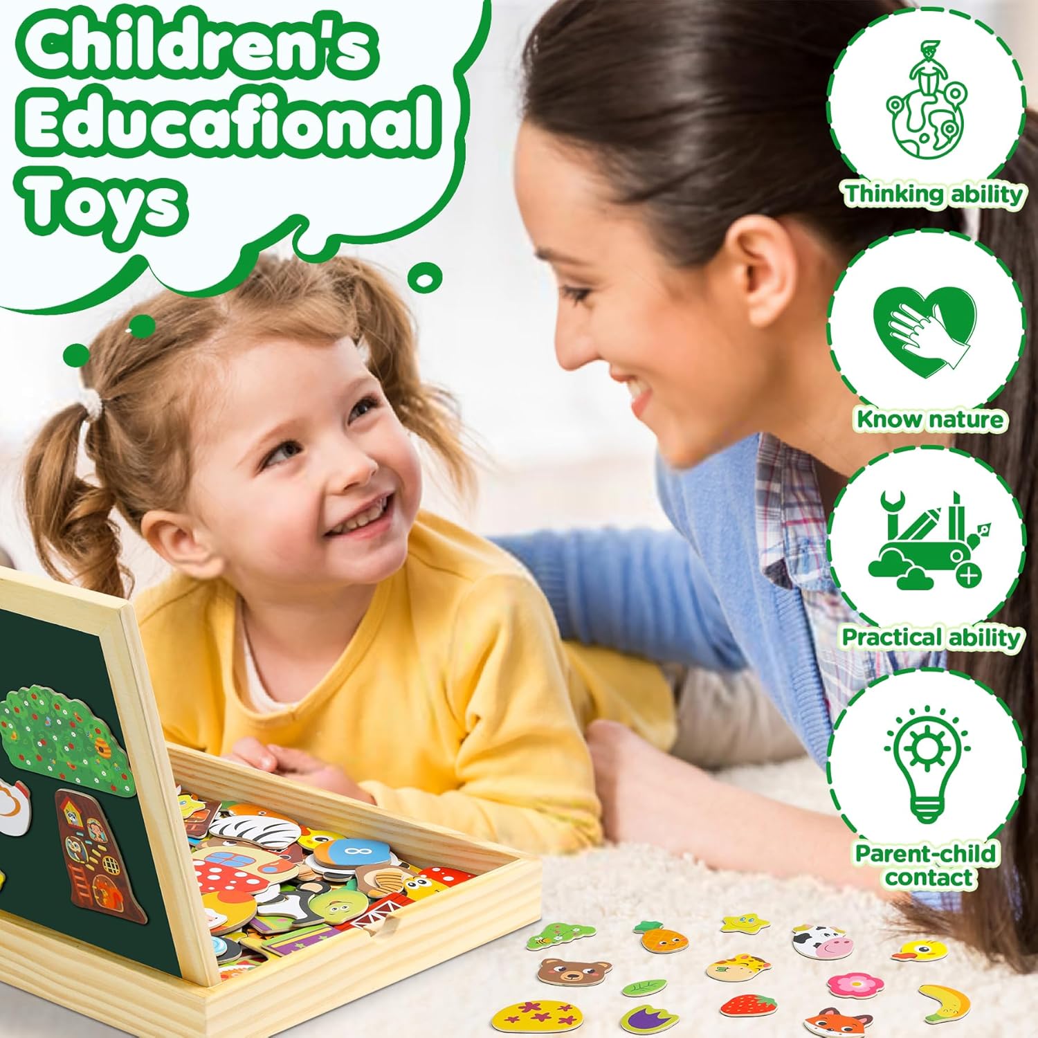 Thumbnail 4 de Jojoin 130 PCS Wooden Magnetic Puzzle Double-Sided Magnetic Drawing Board (Cute Animal, Fruit & Bus Design)