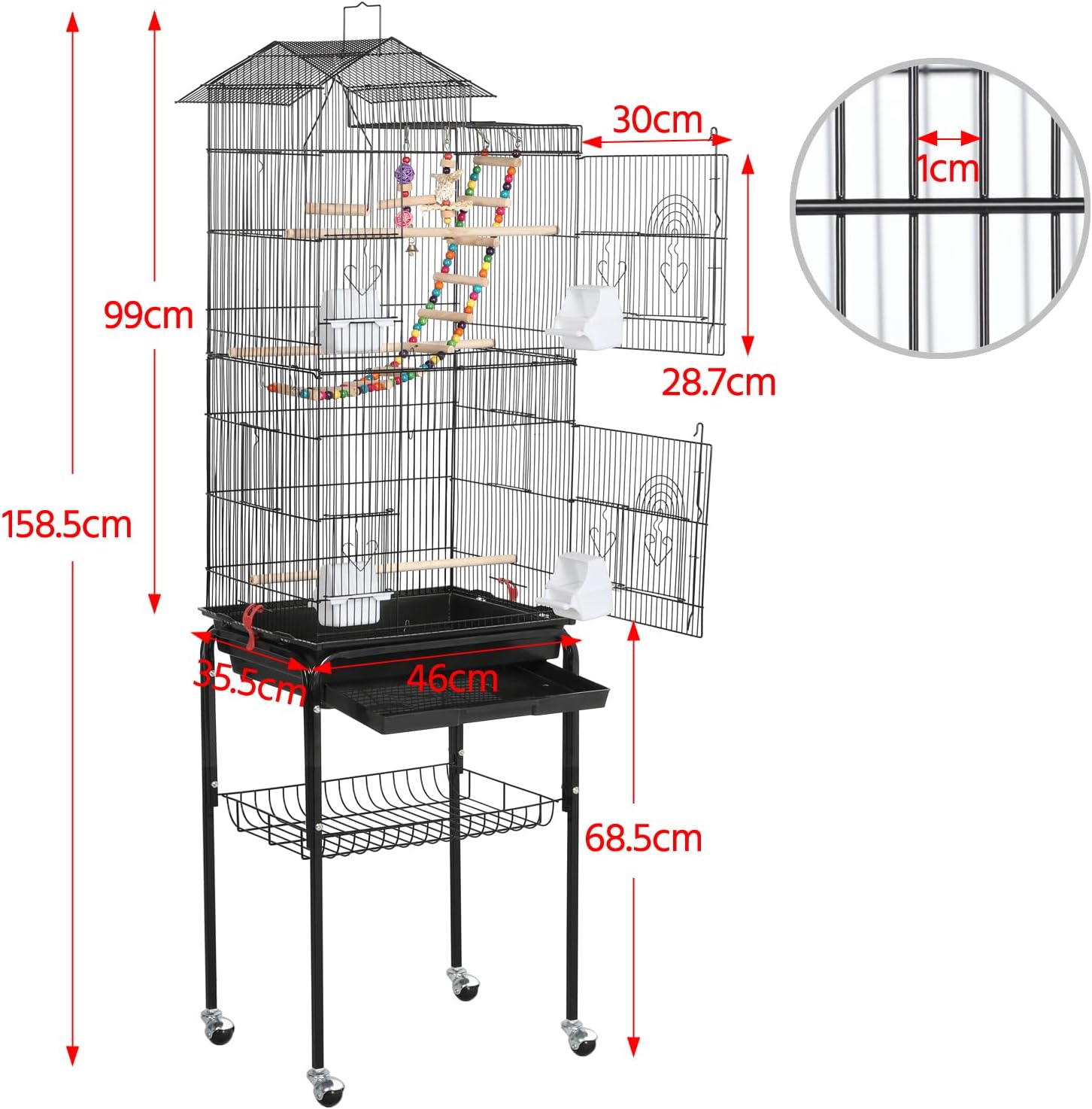 Detalle 2 de Yaheetech Gabbia Voliera per Uccelli con piedistallo su ruote e accessori inclusi, 46 x 35,5 x 158,5 cm