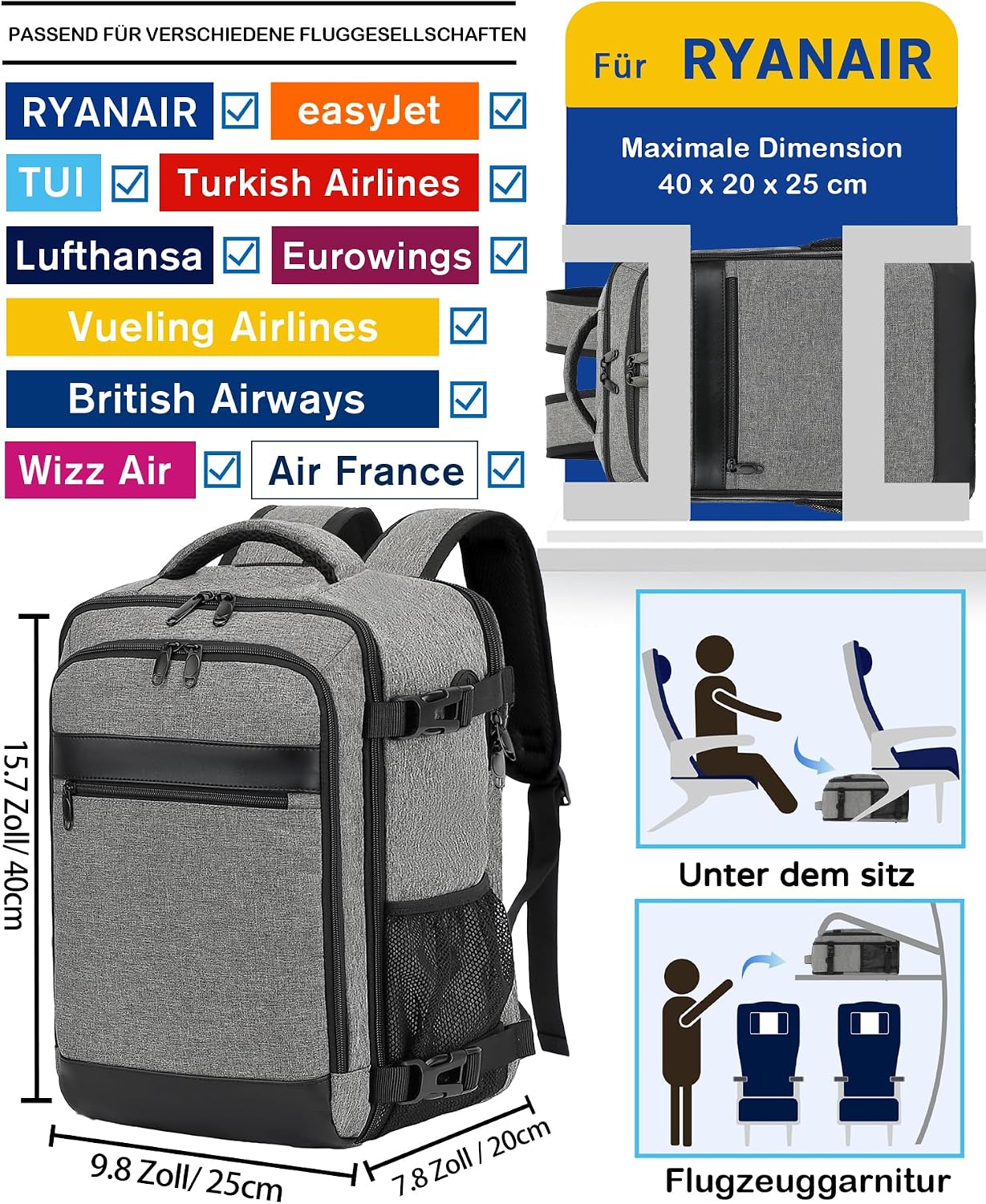 Thumbnail 1 de KLOSTAIN Handgepäck Rucksack 40x20x25 cm – 20L, 14-Zoll Laptopfach, Grau – kompatibel mit Ryanair/Eurowings