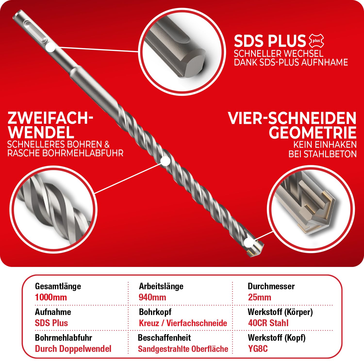 Thumbnail 2 de SCHWABENBACH SDS Plus Bohrer 25 mm x 940 x 1000 – langlebiger Betonbohrer mit Vollhartmetallkopf
