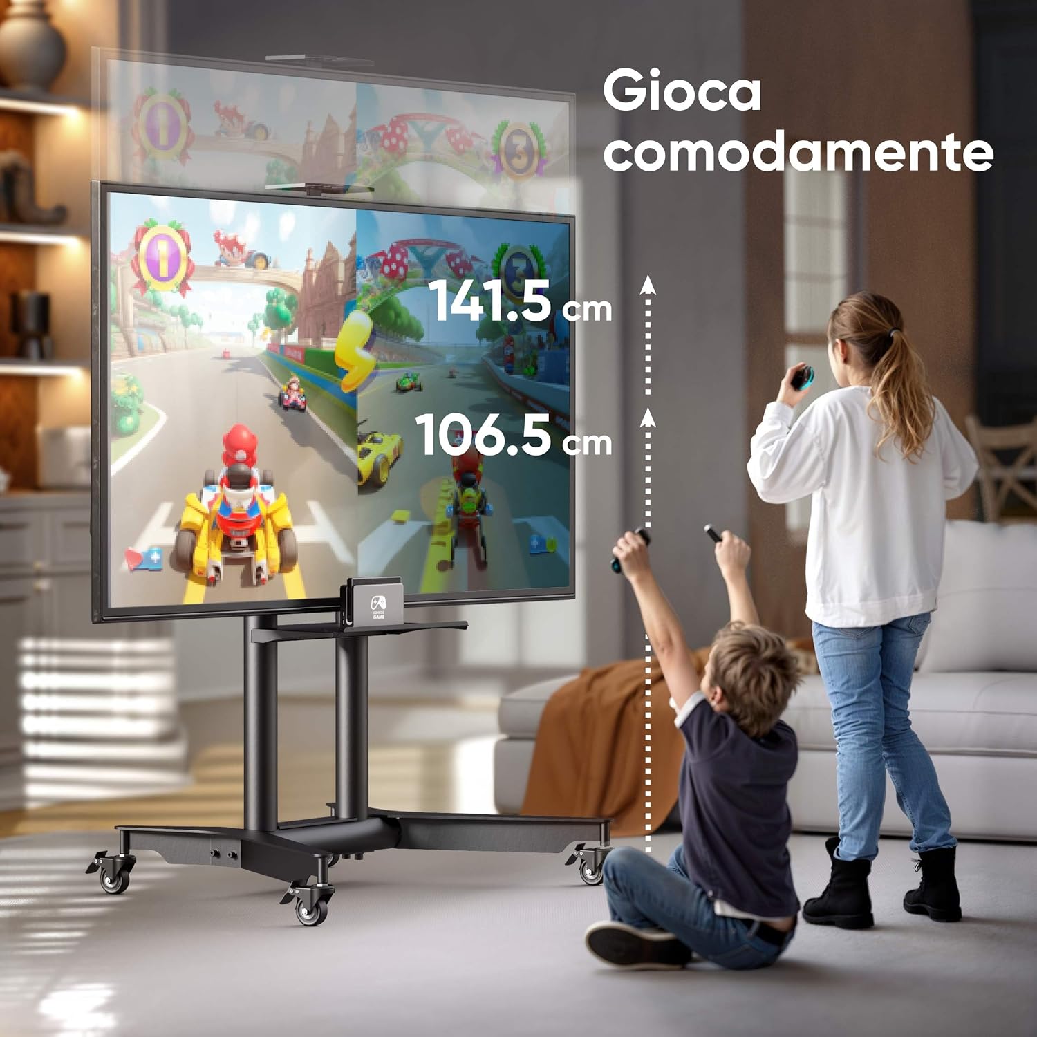 Detalle de ONKRON TS1571-B supporto TV da pavimento 32–75 pollici con ruote, mensola e altezza regolabile