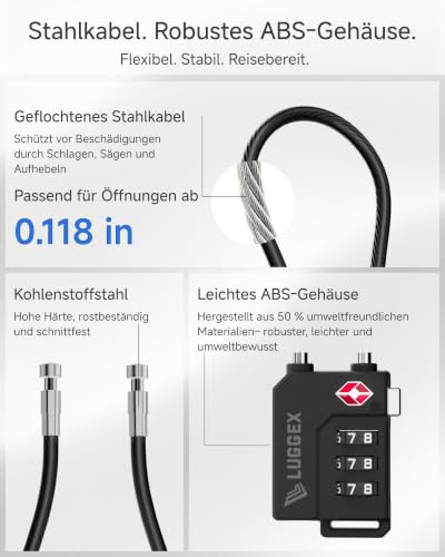 Thumbnail 6 de LUGGEX TSA Kabelkofferschloss – Kofferschloss mit Drahtseil, 2er-Set, Schwarz