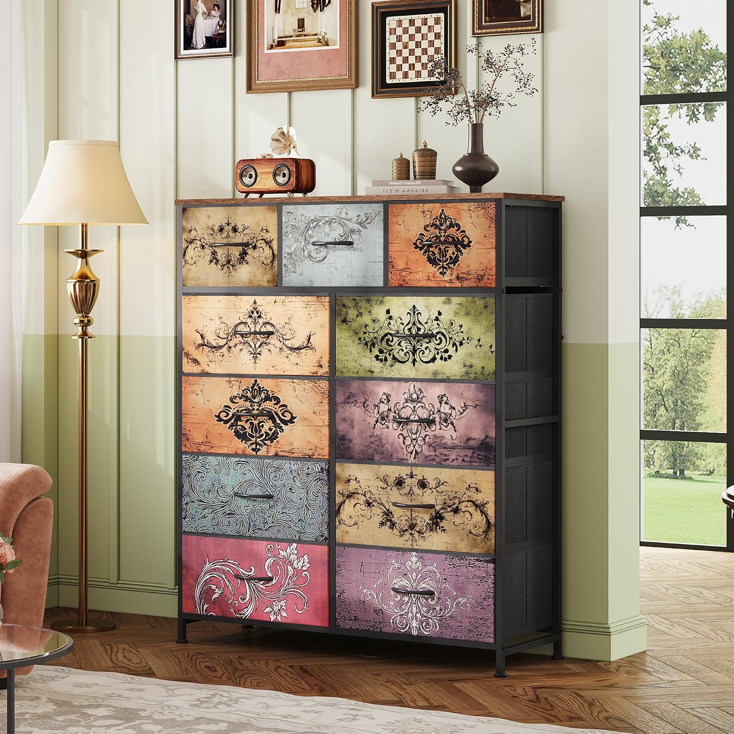 Detalle 2 de WLIVE Tall Dresser, 11-Drawer Fabric Storage Chest with Wood Top, Pattern