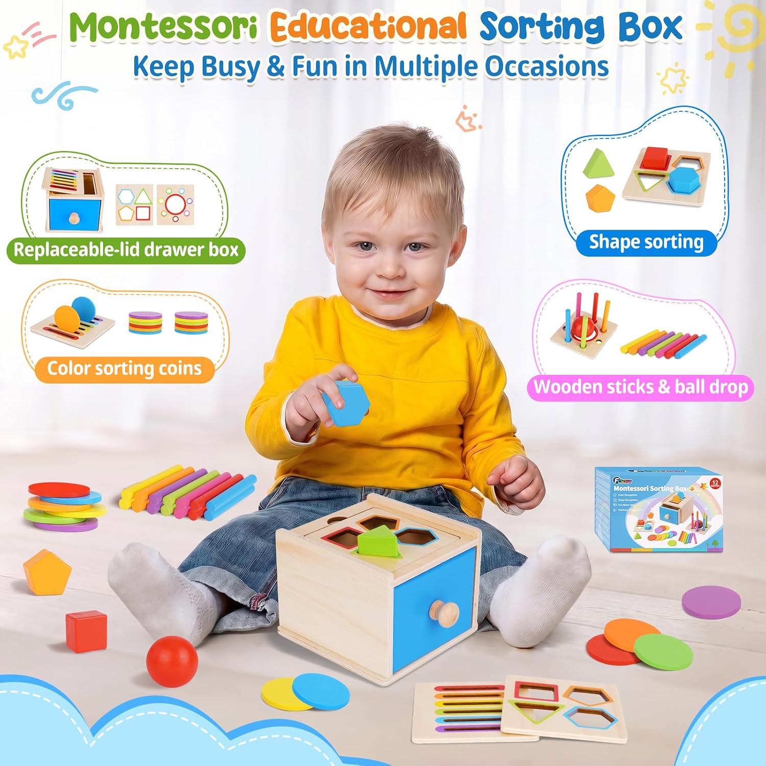 Thumbnail 1 de FCSONU Wooden Shape-Sorting Toy with 3 Activity Lids and 31 Blocks