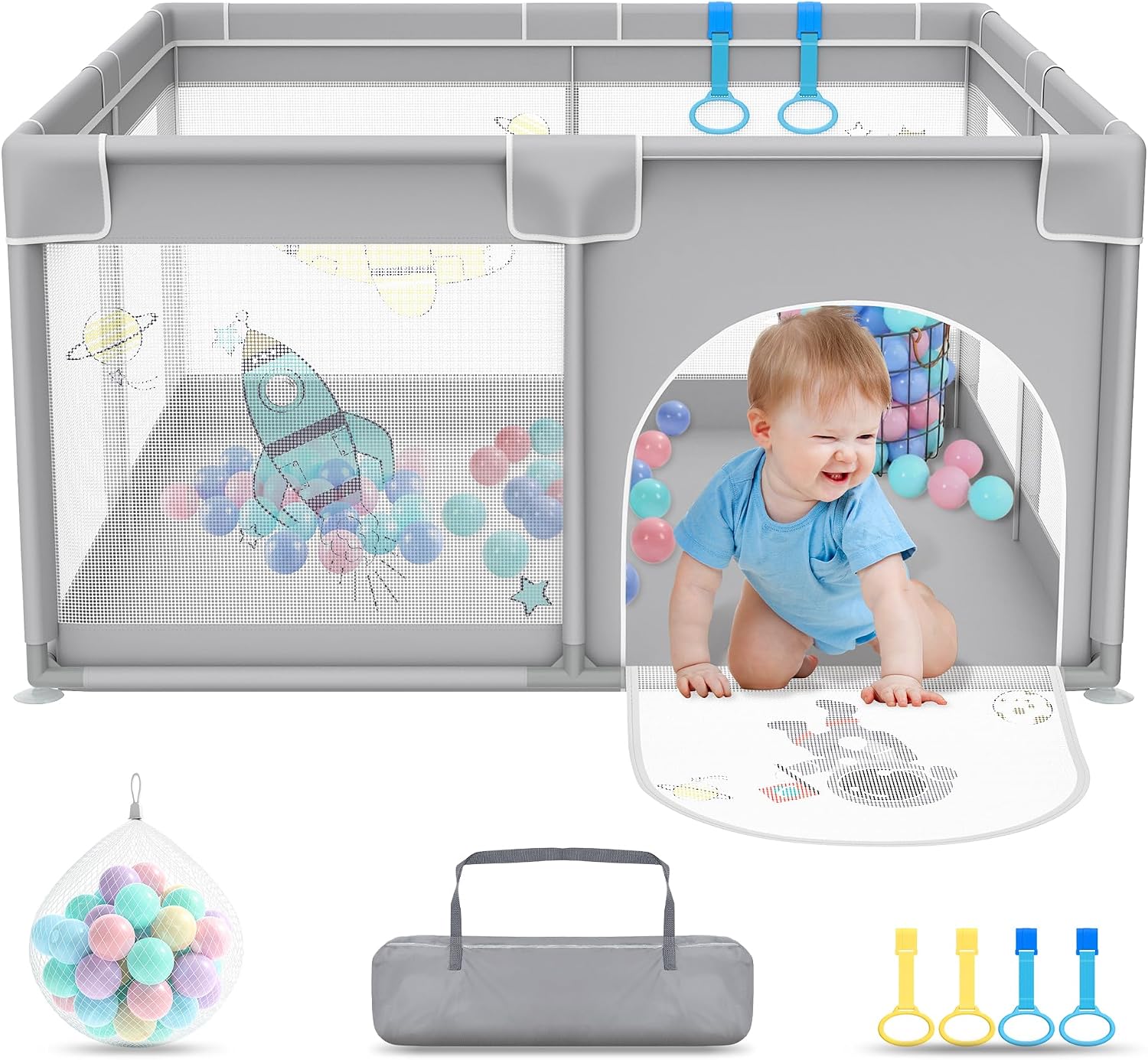 Detalle de UISEBRT babybox 127 x 127 x 68 cm met ademend net en 50 ballen