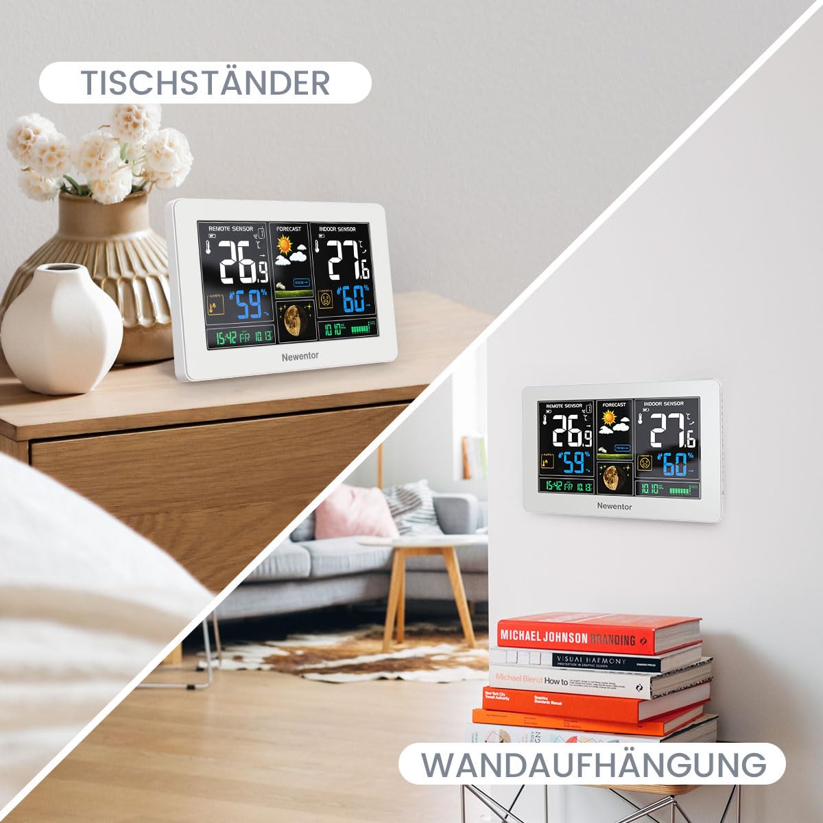 Thumbnail 5 de Newentor Funk-Wetterstation mit Außensensor, DCF-Funkuhr und Wettervorhersage – inklusive Netzbetrieb