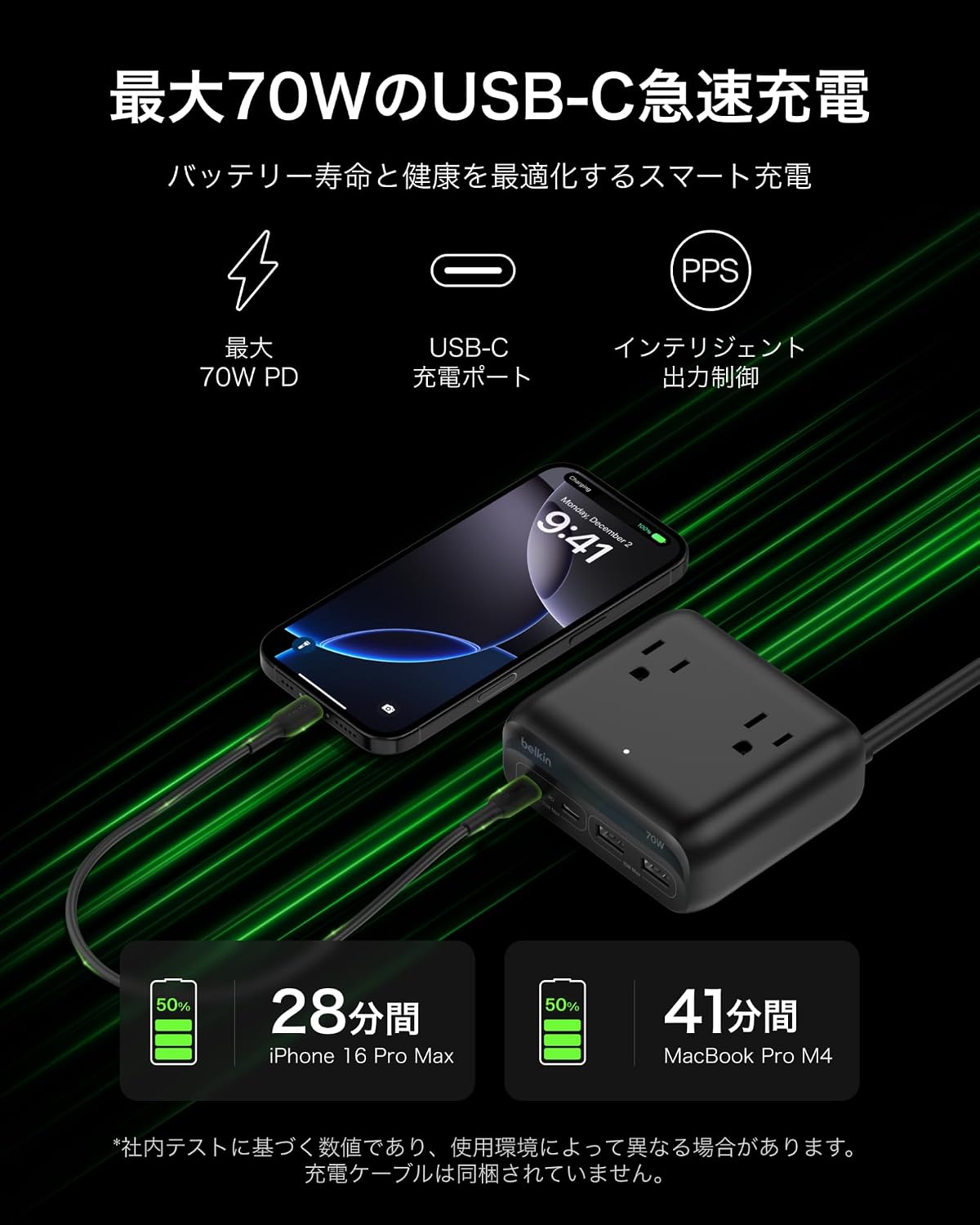 Detalle de Belkin SRZ001ja5 7-in-1充電ステーション、USB-C×2・USB-A×2・AC×3、最大70W