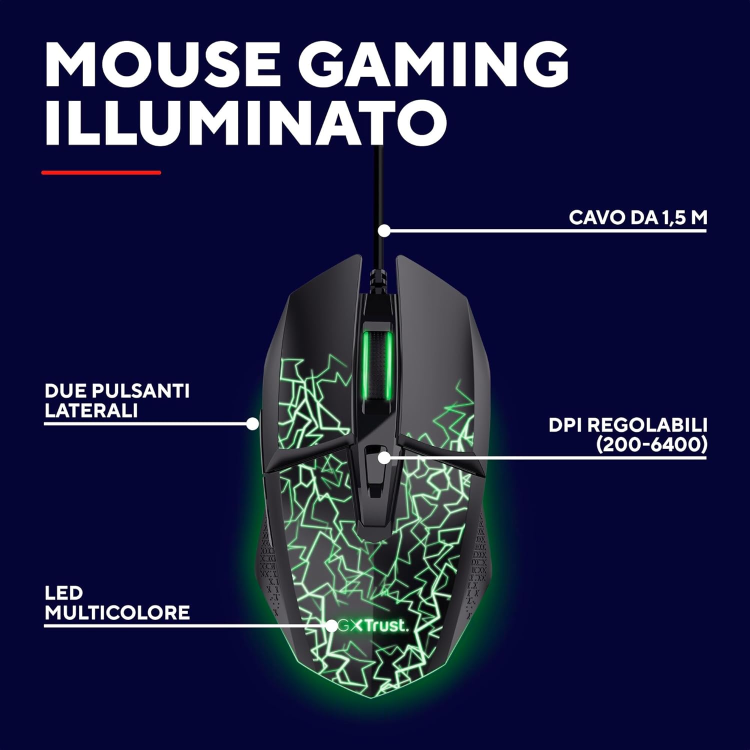 Thumbnail 1 de GXTrust 1113 Vylax: mouse gaming USB con LED multicolore, DPI 200–6400 e 6 pulsanti programmabili