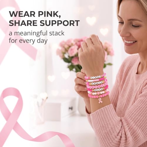 Detalle 2 de DUFYOC Ensemble de 7 Bracelets Octobre Rose — Ruban rose et perles, soutien Cancer du Sein