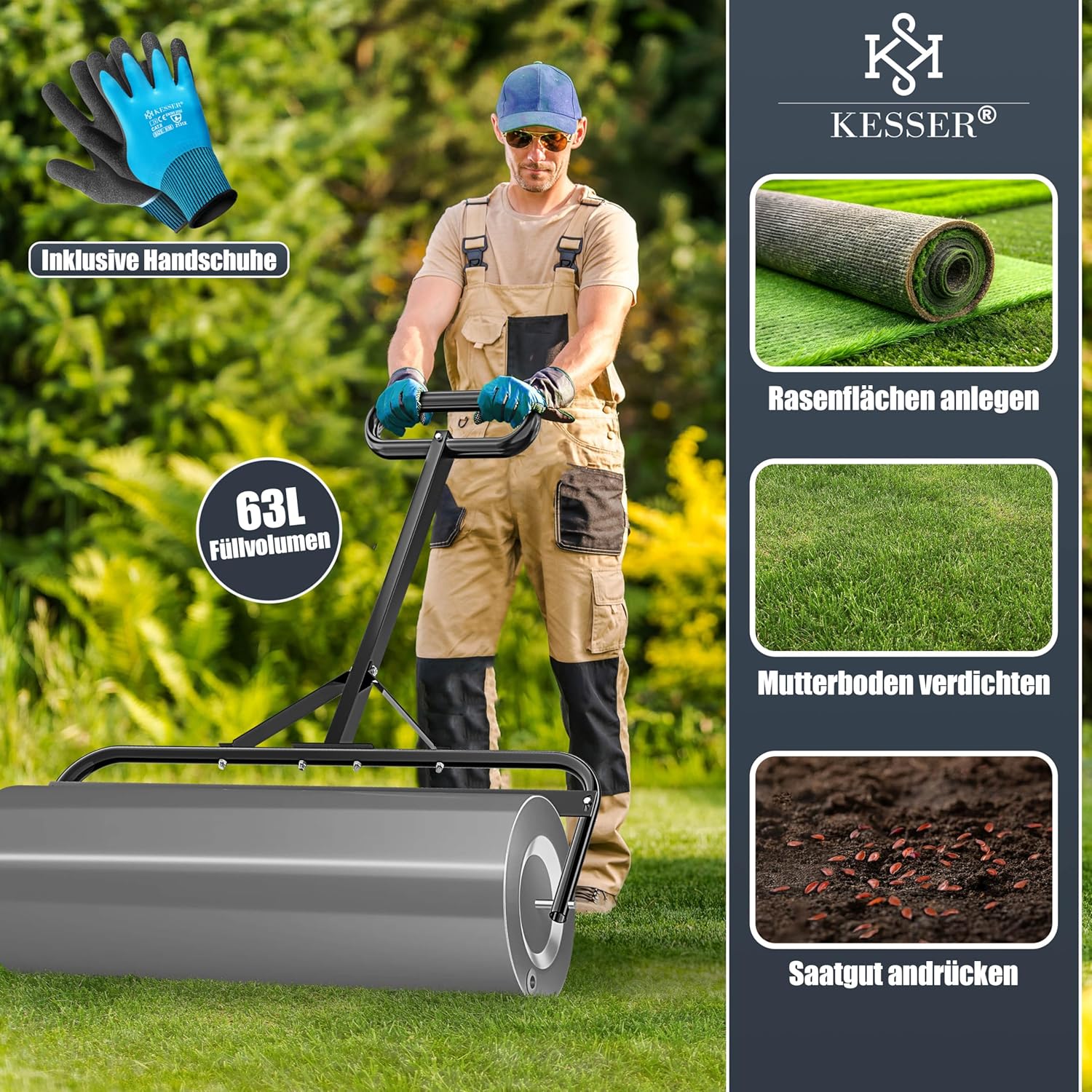 Thumbnail 5 de KESSER® Rasenwalze Metall, befüllbar mit Wasser oder Sand (63 Liter) – 99 cm Arbeitsbreite, inkl. Handschuhe
