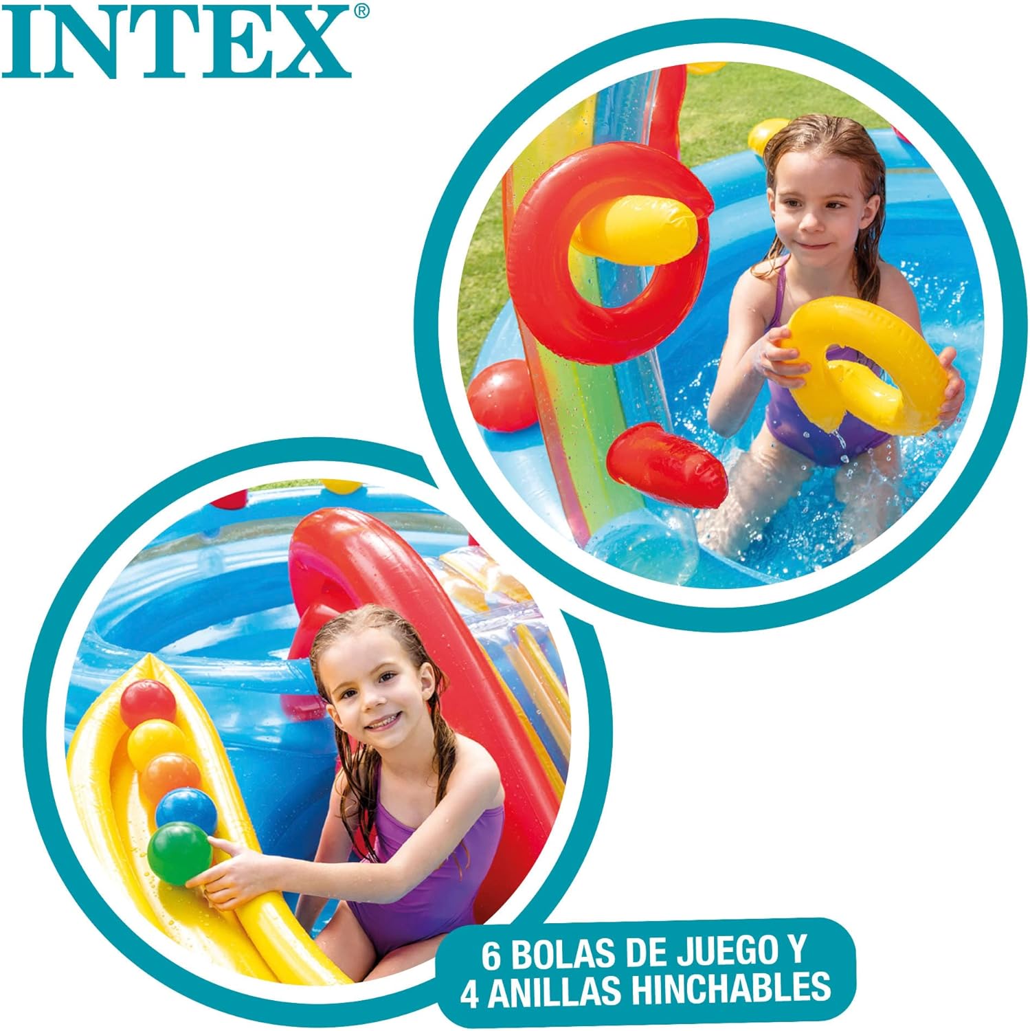 Detalle de Intex Rainbow Ring Play Center – Kinder Aufstellpool 297 x 193 x 135 cm, bunt, ab 3 Jahren