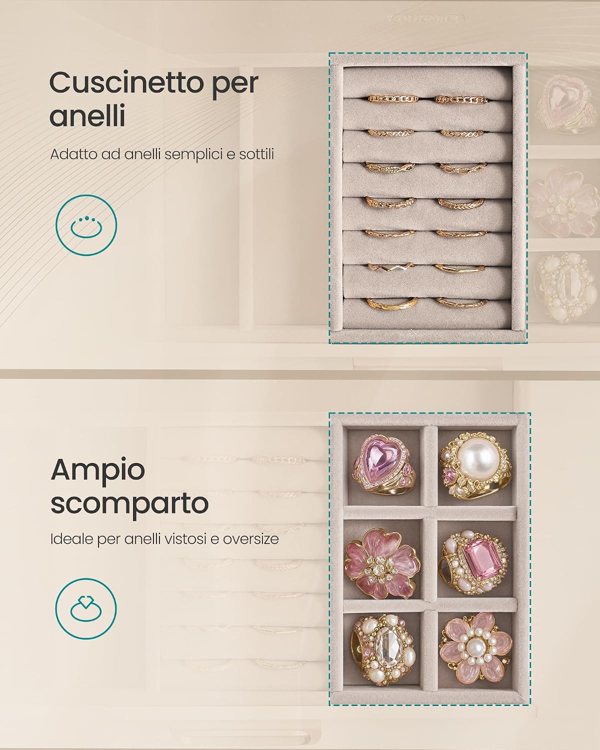 Thumbnail 6 de SONGMICS Portagioie con Coperchio in Vetro, a 7 Cassetti – Eleganza e Organizzazione