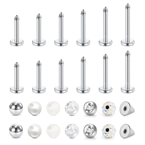 Detalle de CIZME Labret Piercing 16G 1,2 mm Chirurgenstahl Silber Set – 12 Stäbe + 14 Kugeln
