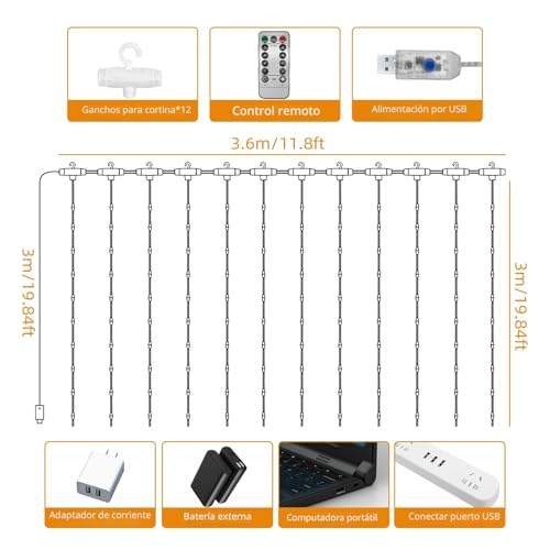Detalle 2 de Jsdoin Cortina de Luces 3,6 x 3 m con 360 LEDs y control remoto – 8 modos para interiores y exteriores