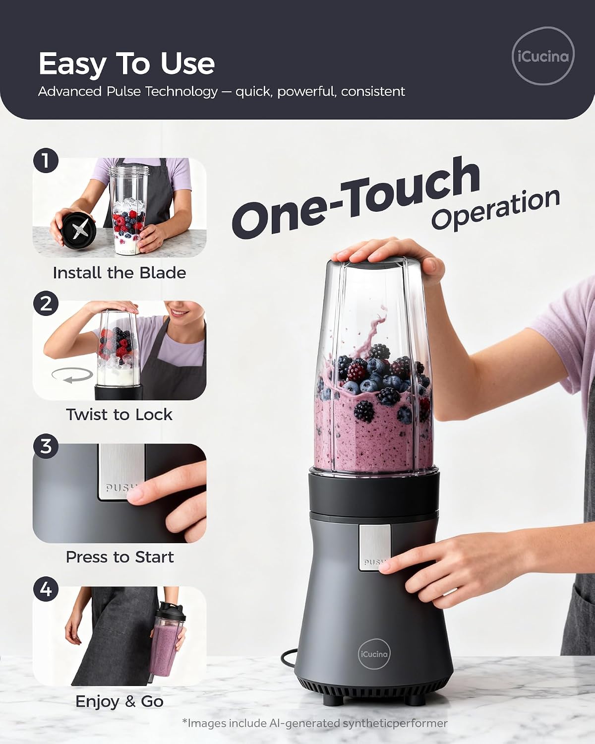 Detalle de iCucina Smoothie Blender (700W Pulse Technology) with 2 x 28oz Portable Cups for Smoothies