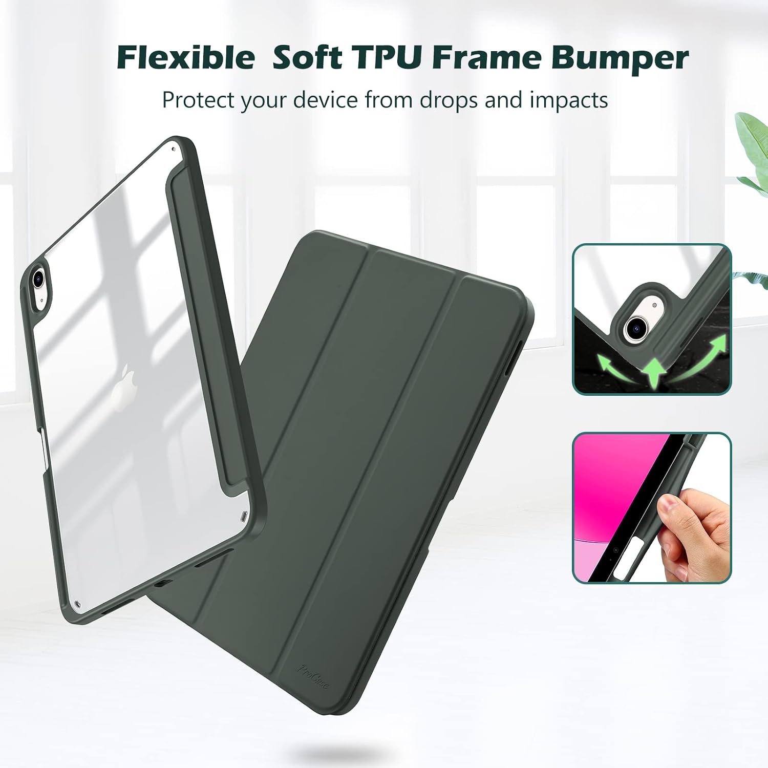 Detalle de ProCase Smart Case Hülle für iPad 10./11. Generation (A16, 2022–2025) mit Stifthalter – Olivgrün
