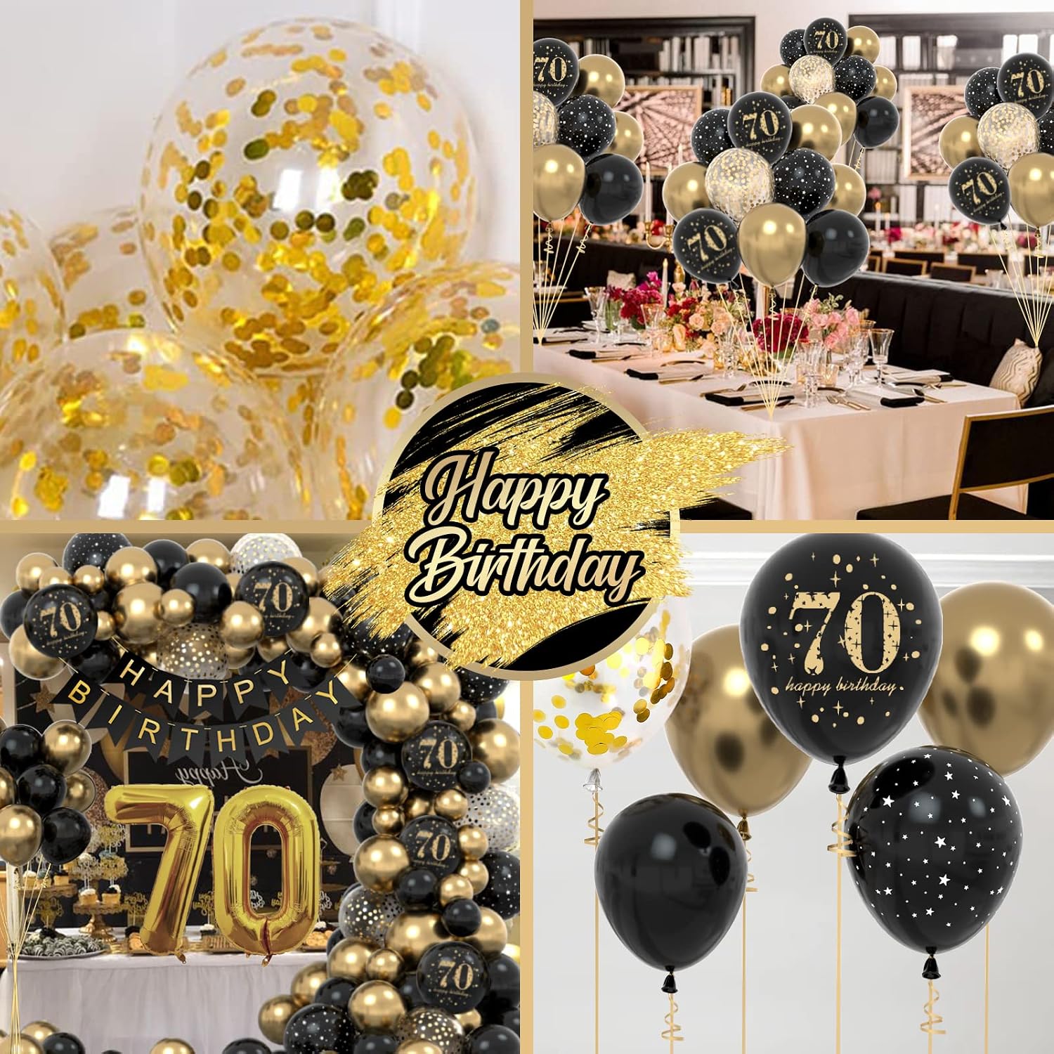 Detalle de WINAROI 70 Geburtstag Deko-Set: Happy Birthday Girlande mit Ballons in Schwarz & Gold