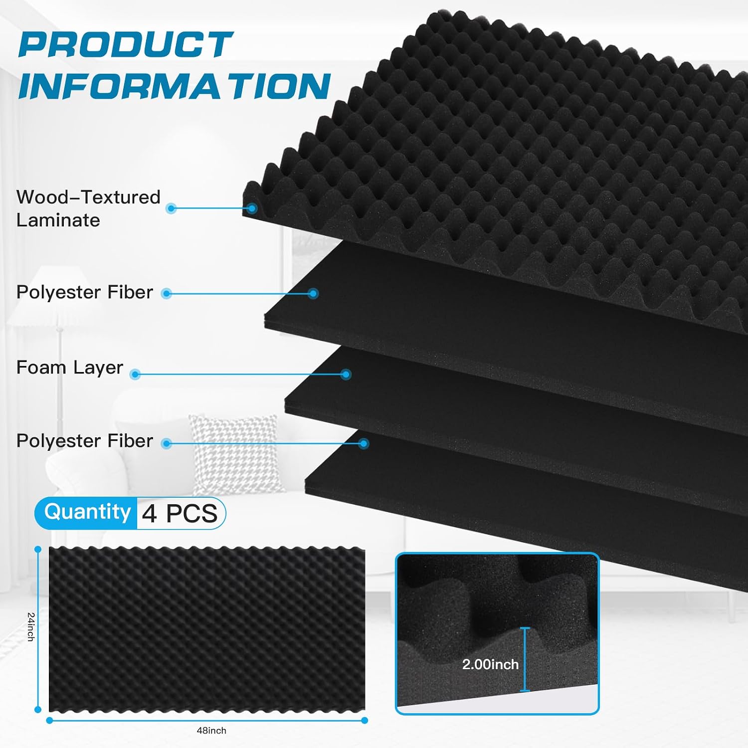 Detalle 2 de 48 x 24 x 2-Inch Egg-Crate Acoustic Foam Panels, Black, 2-Pack