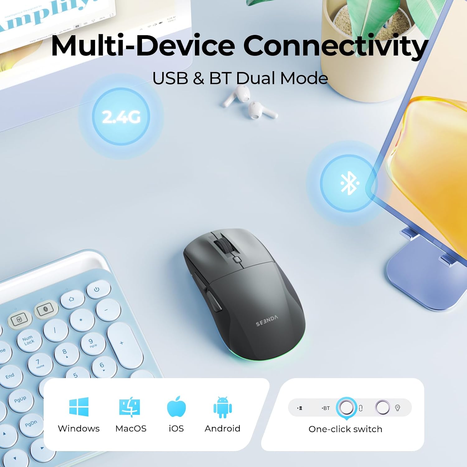 Detalle de Seenda MOU110 Wireless Bluetooth Mouse – Dual-Mode, Rechargeable with RGB Backlight