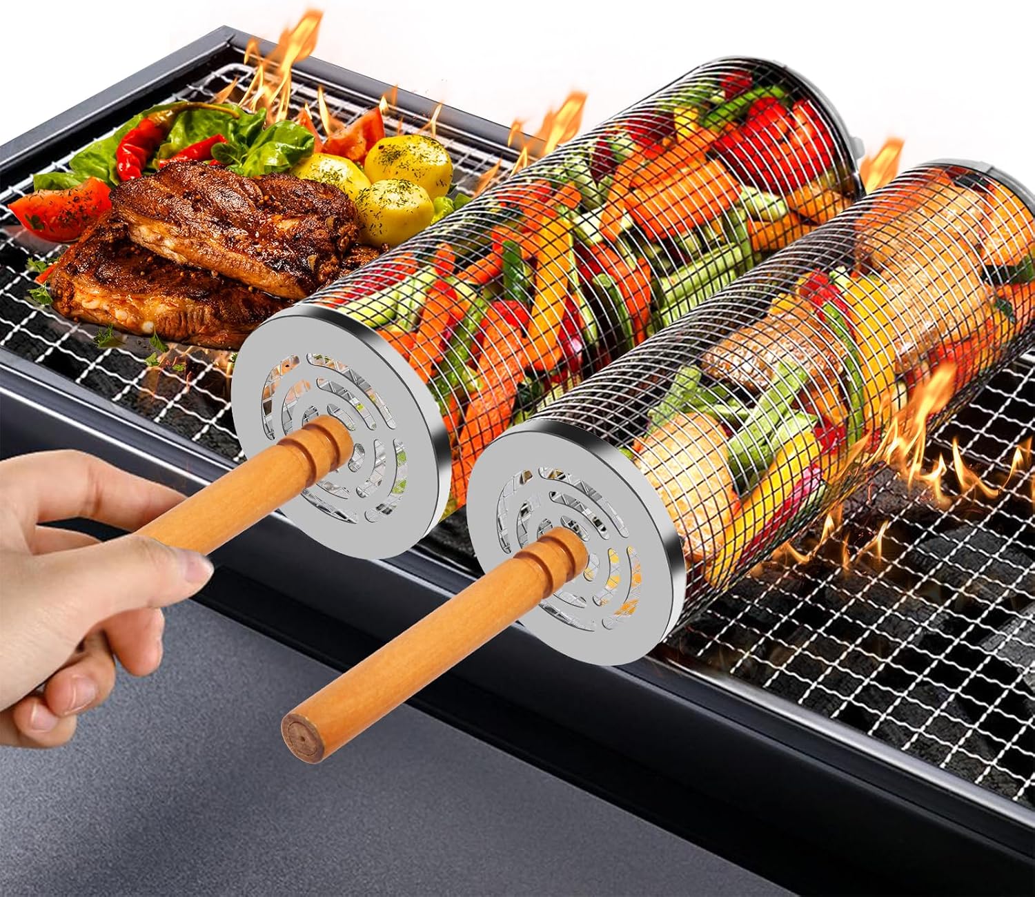 Detalle de 2 Stück Rollendes Grillkorb 30 x 10cm 🍖