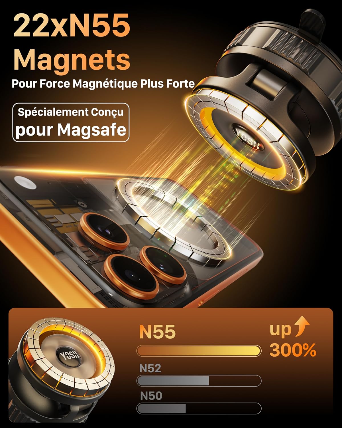 Detalle de Support Téléphone Voiture Magnétique YOSH avec Ventouse Nano-Gel et Aimants N55