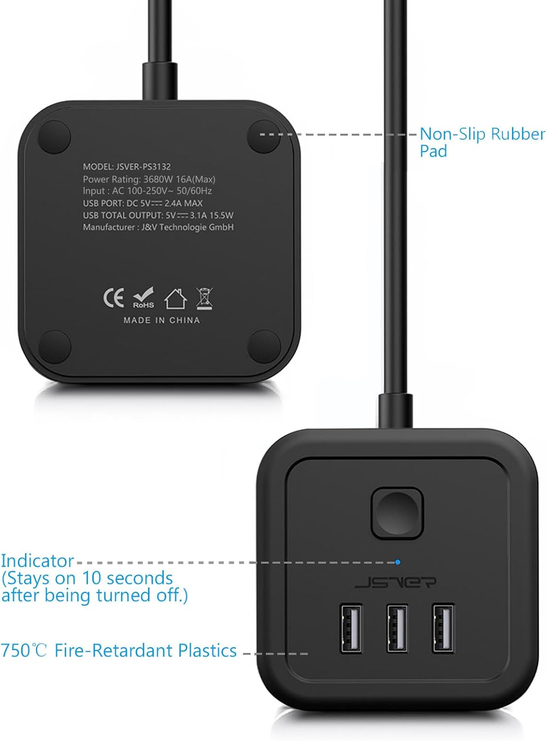 Thumbnail 5 de JSVER Cube Multiprise 3M avec USB – 3 prises CA et 3 ports USB, câble 3 m, noir