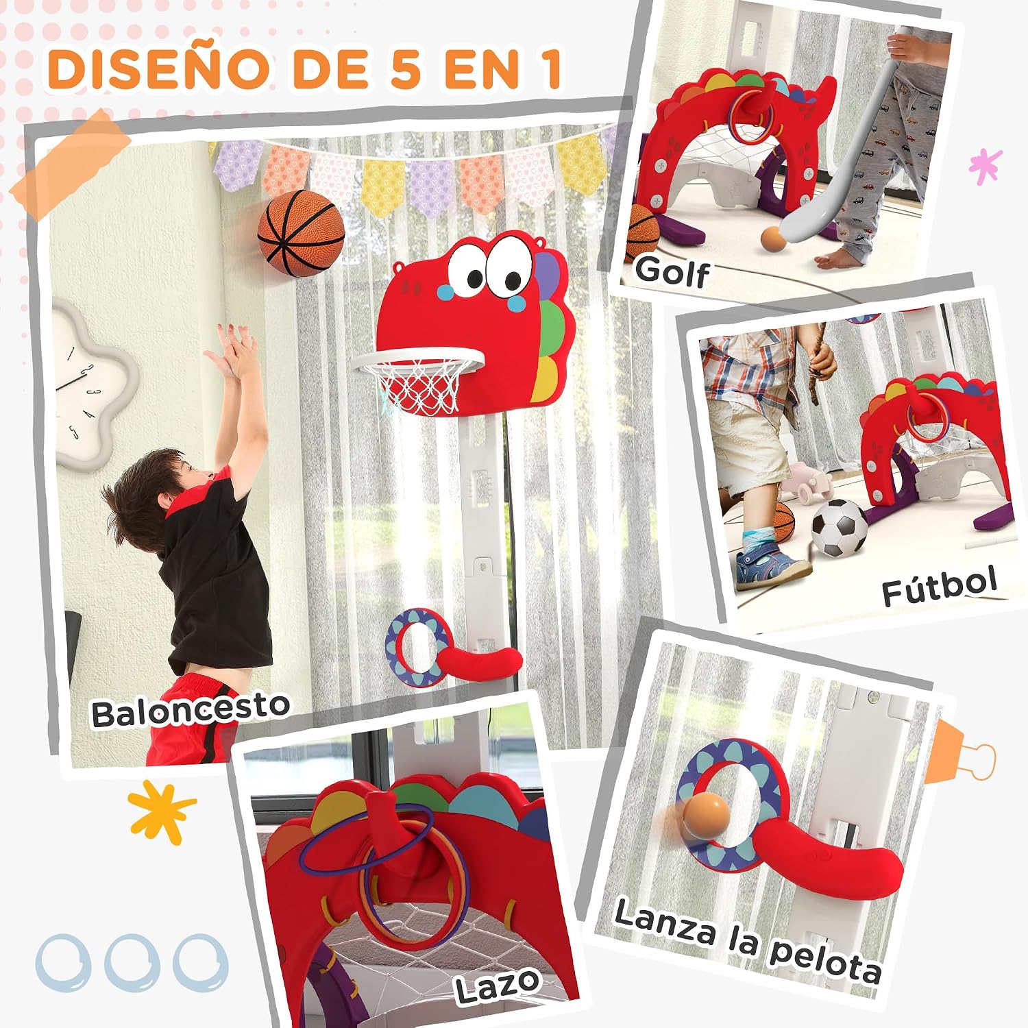 Detalle 2 de AIYAPLAY Canasta de Baloncesto Infantil 5 en 1 96‑130 cm