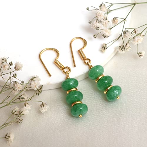 Thumbnail 4 de Gempires Natural Gemstone Rondelle Bead Earrings – 8mm Drop, Gold Plated, Hypoallergenic, Green Jade