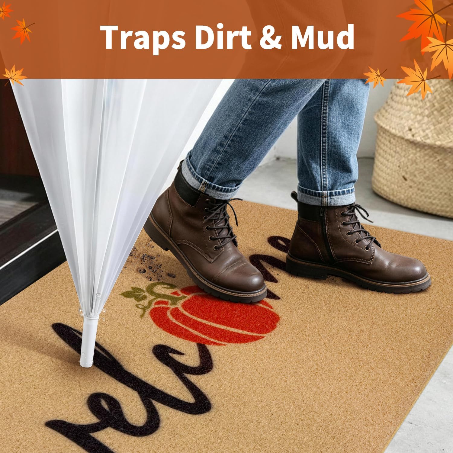 Detalle de PKFEDR PK-DM-FBA Pumpkin Welcome Doormat, 17 x 30-Inch Polyester, Non-Slip