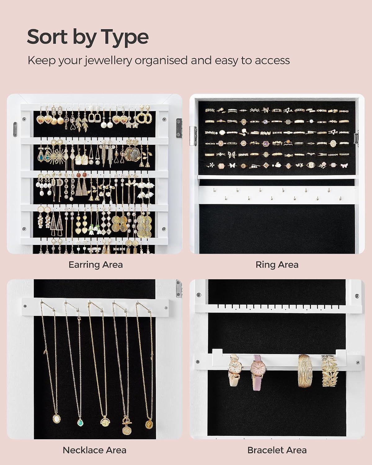 Thumbnail 5 de SONGMICS Mirror Jewellery Cabinet Armoire JJC69WT: Standing Full-Length Mirror with Lockable Jewellery Organiser