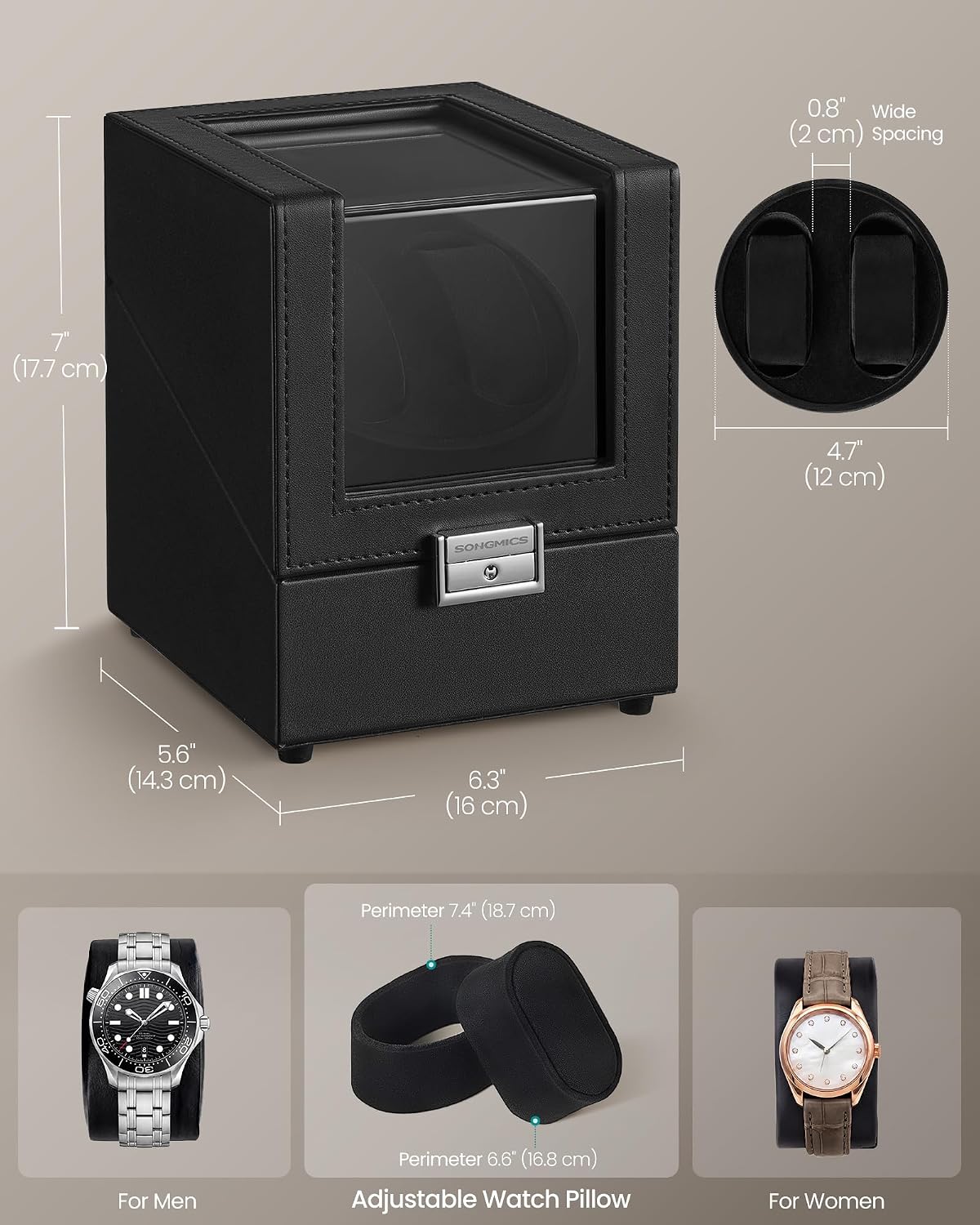 Detalle de SONGMICS Watch Winder for 1 Watch with LED Light, Lock and 4 Rotation Modes