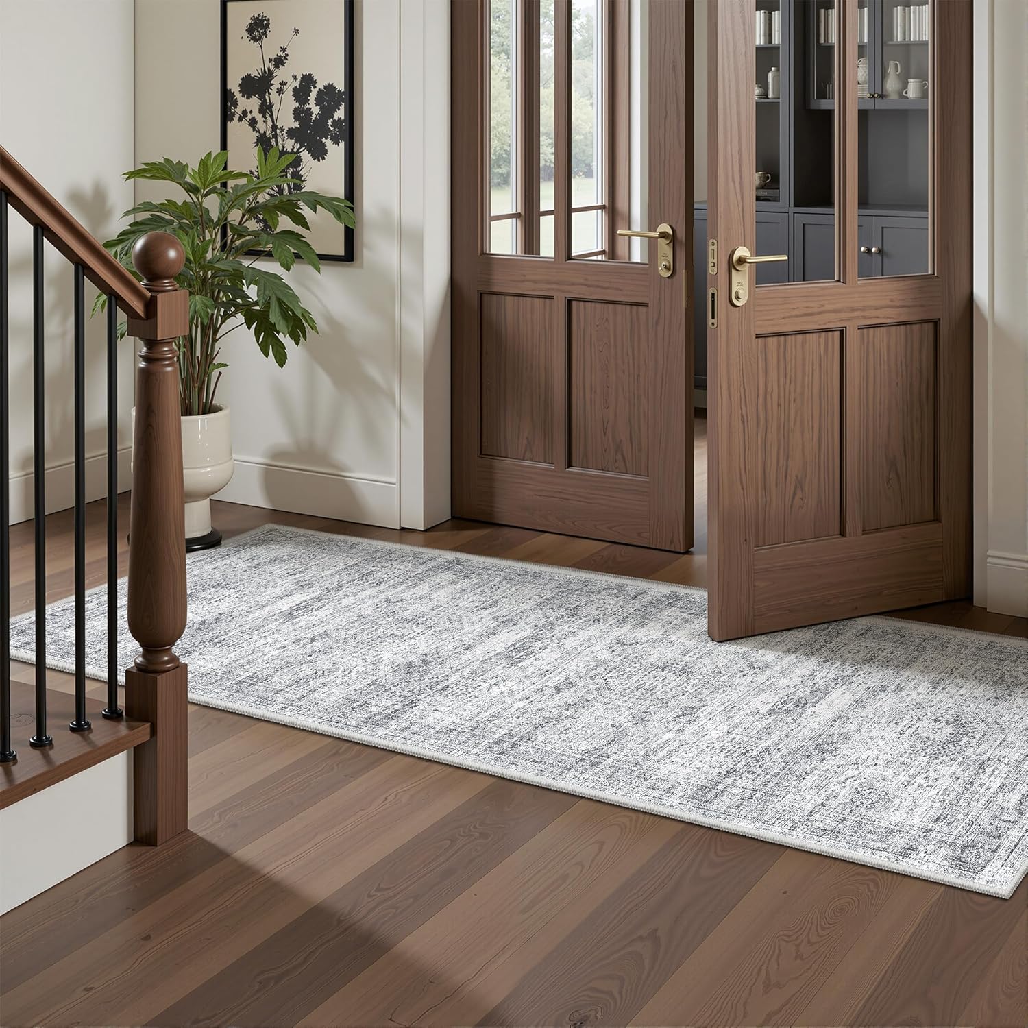 Thumbnail 3 de Restydon Washable 2x6 Runner Rug with Non-Slip Backing (Grey/Ivory) for Bedroom, Kitchen, and Hallways