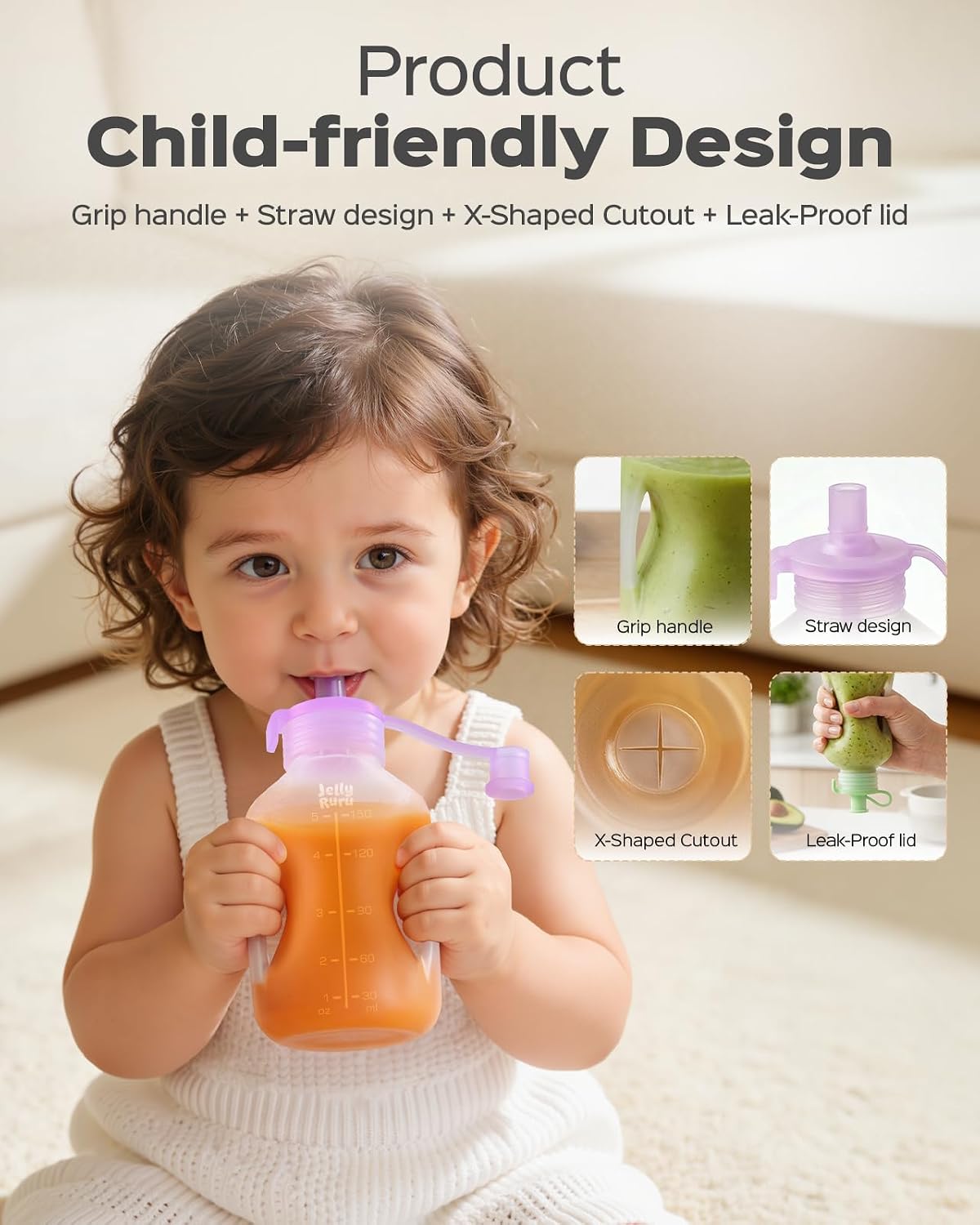 Detalle 2 de Jelly Ruru JR01 Reusable Silicone Baby Food Pouches, 5 oz, 4-Pack