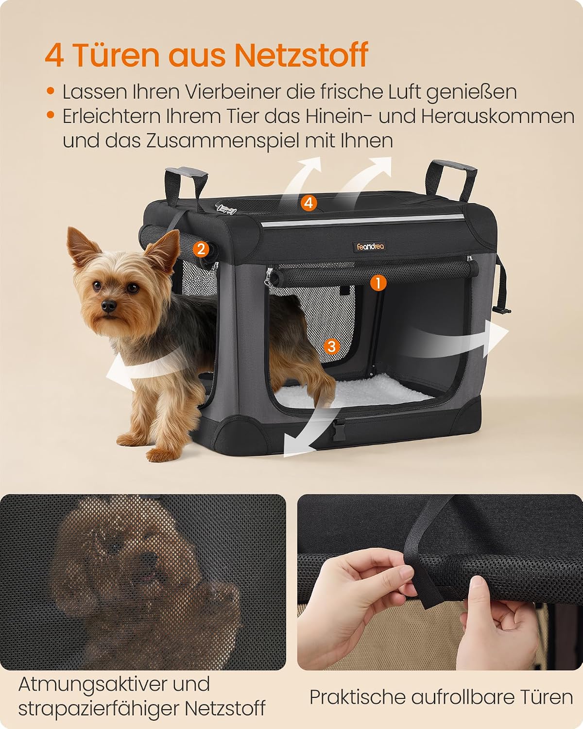 Detalle 2 de Feandrea faltbare Hundebox 50 cm – Transportbox für kleine Hunde, inkl. Netztüren, Schlaufen & Trinkflaschenhalter
