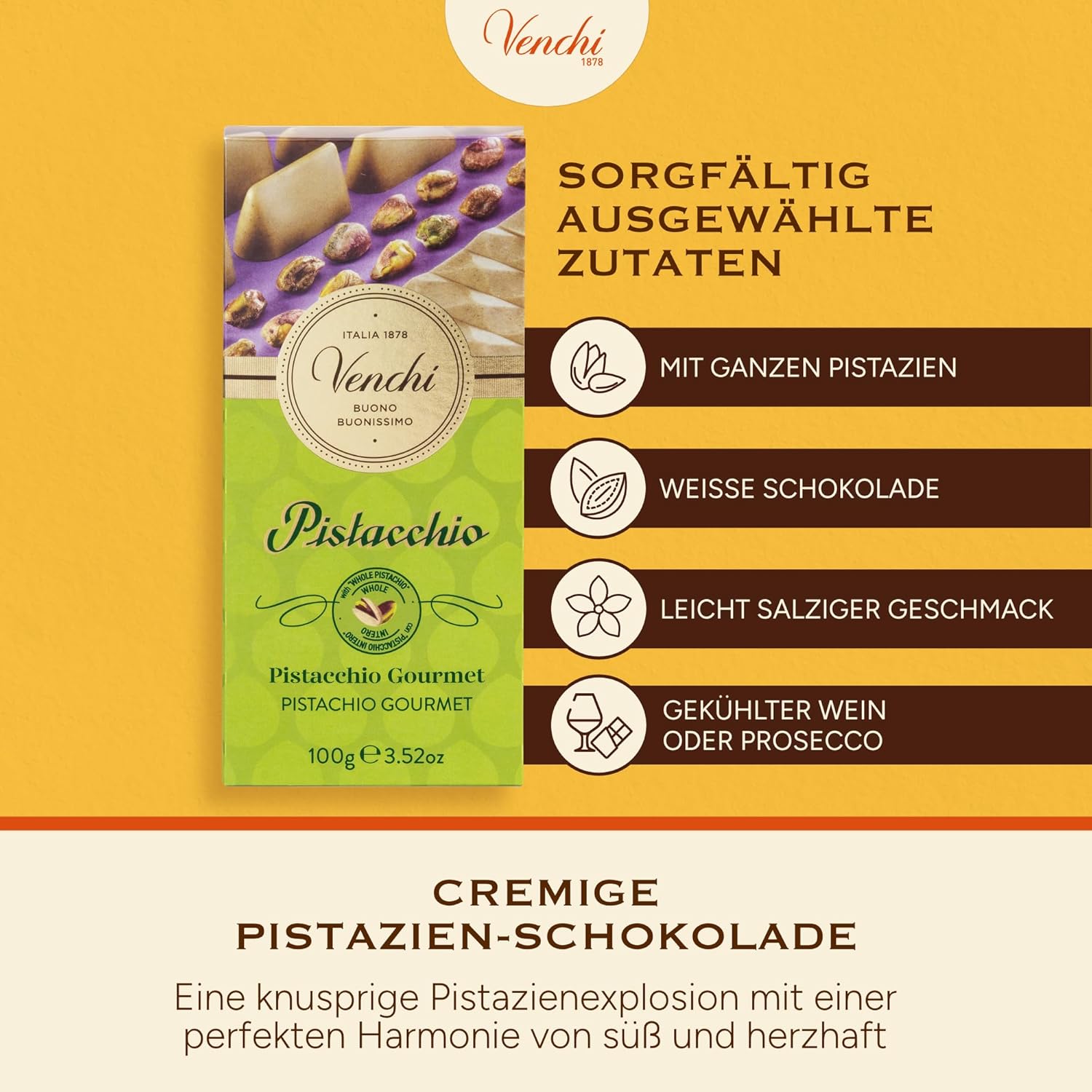 Thumbnail 2 de Venchi Gourmet Pistazien-Schokoladen-Tafel, Weiße Schokolade mit Pistazienpaste und ganzen Pistazien, 95 g
