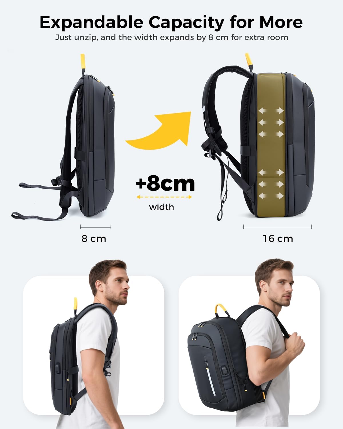 Detalle 2 de Lekespring laptop backpack for men (15.6 inch) with USB charging port, expandable water-resistant rucksack – black