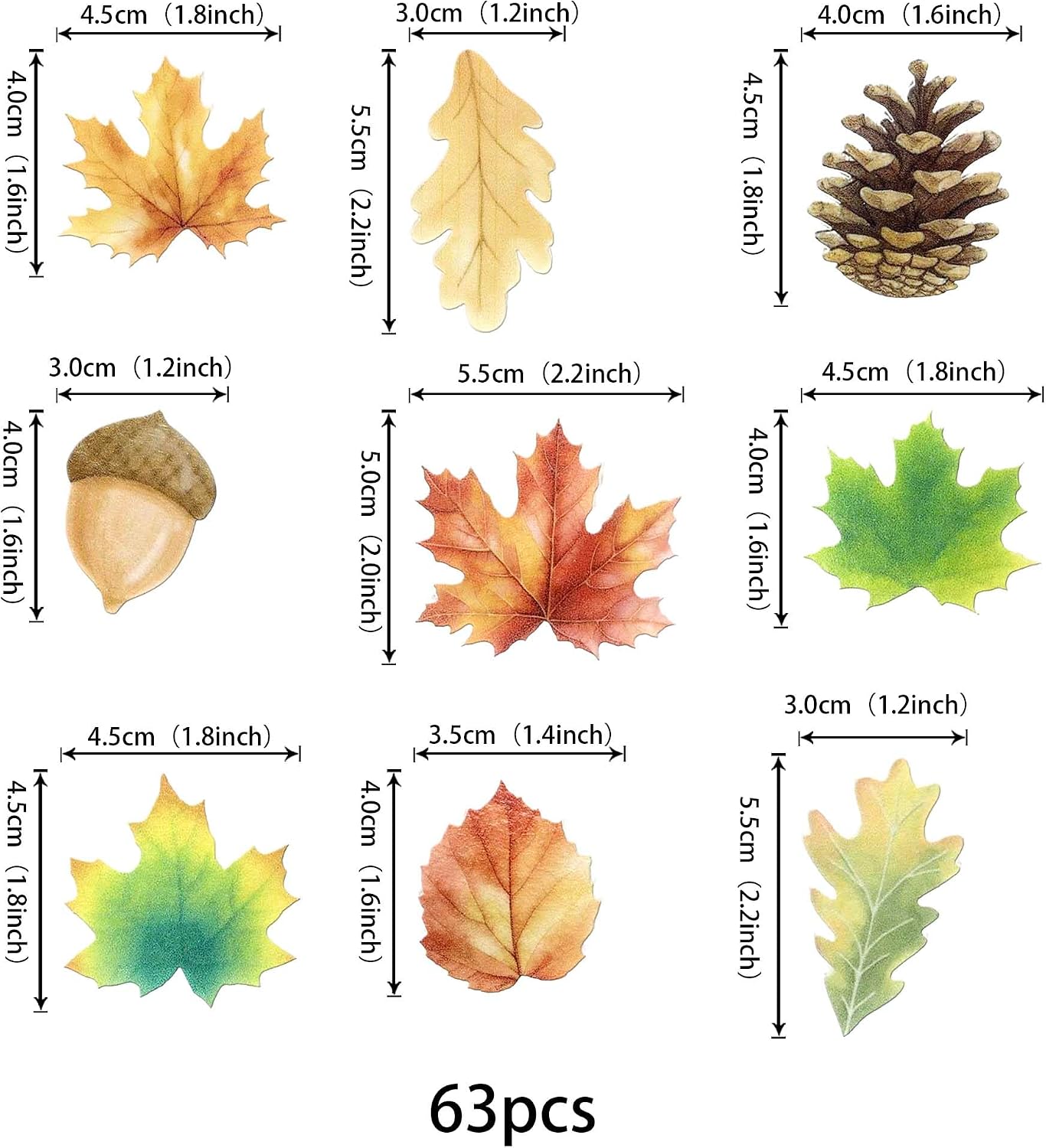 Detalle 2 de Xsstarmi 63 Pack Autumn Edible Cupcake Toppers – Rice Paper Fall Leaves & Pine Cone Picks