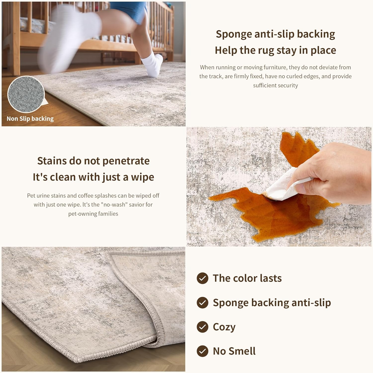 Thumbnail 5 de PureCozy Modern Abstract Area Rug 120x170cm – Beige Washable, Non-Slip Plush Carpet