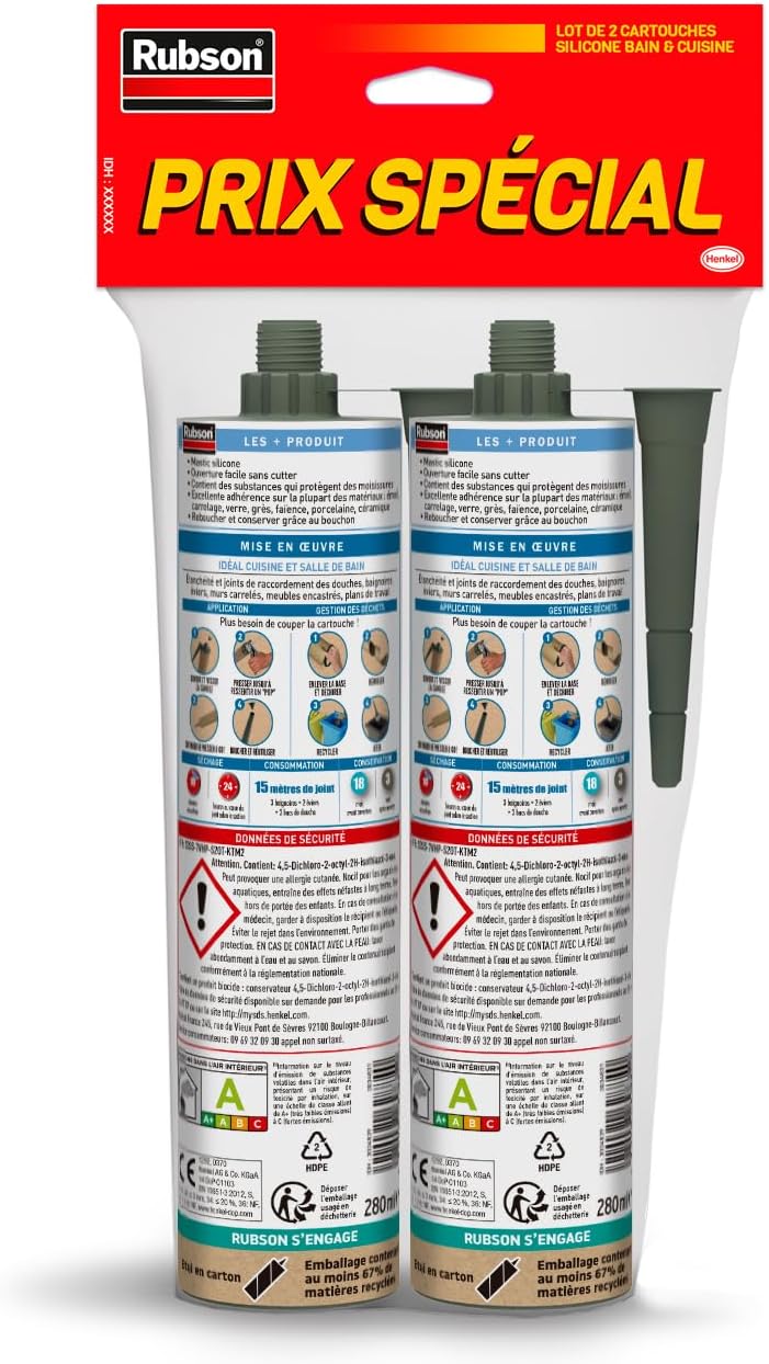 Thumbnail 1 de Rubson Mastic Bain & Cuisine Pure Silicone Anti-Moisissures Blanc – Lot de 2 cartouches 280 ml