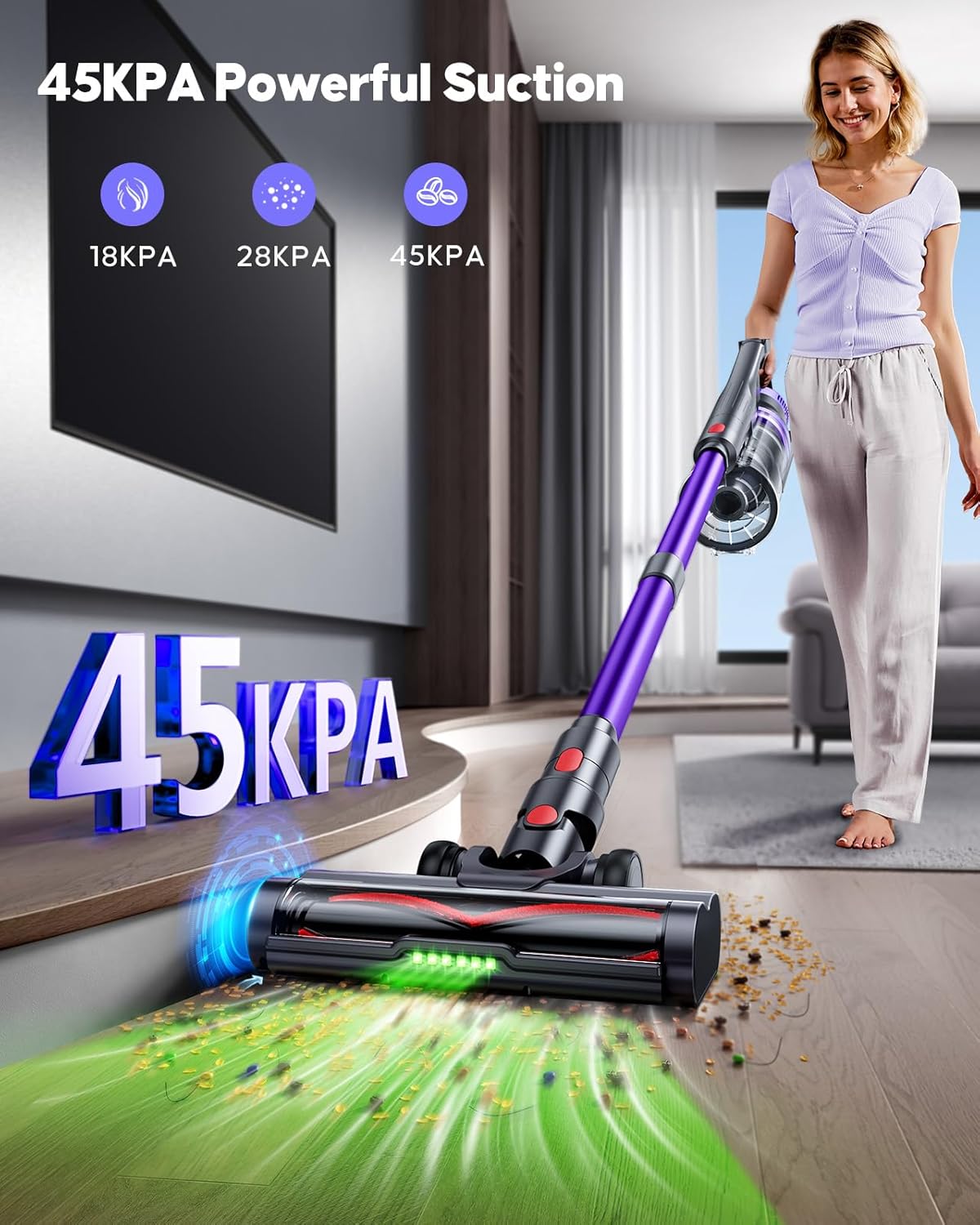 Thumbnail 1 de Powerffy Cordless Vacuum Cleaner (45KPa, 600W) – Green LED anti-tangle stick vacuum with 60-minute runtime, 1.8L dust cup