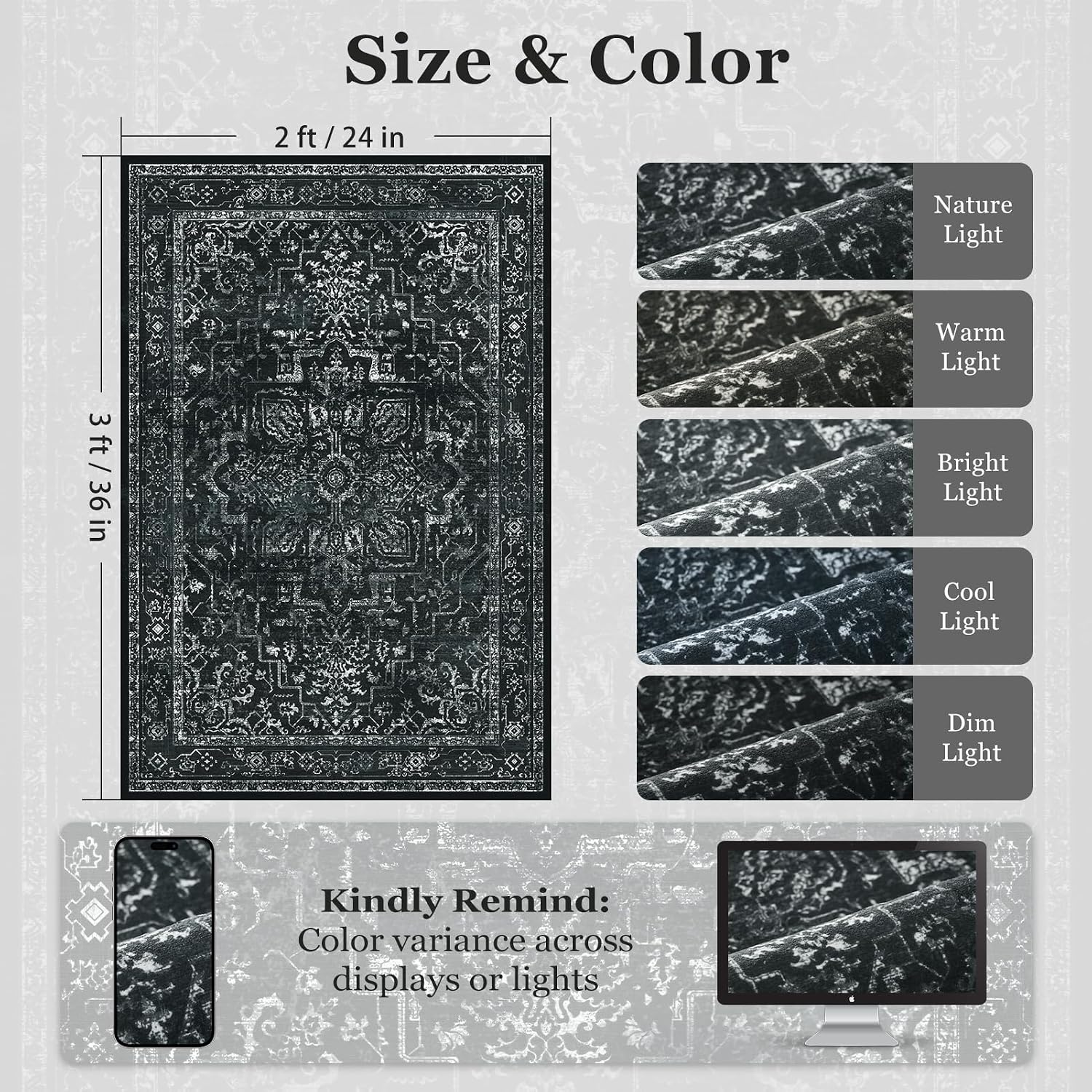 Detalle 2 de Jainmy Distressed Black Kitchen 2x3 Rug — Non-Slip, Washable, Vintage Medallion Entrance Mat