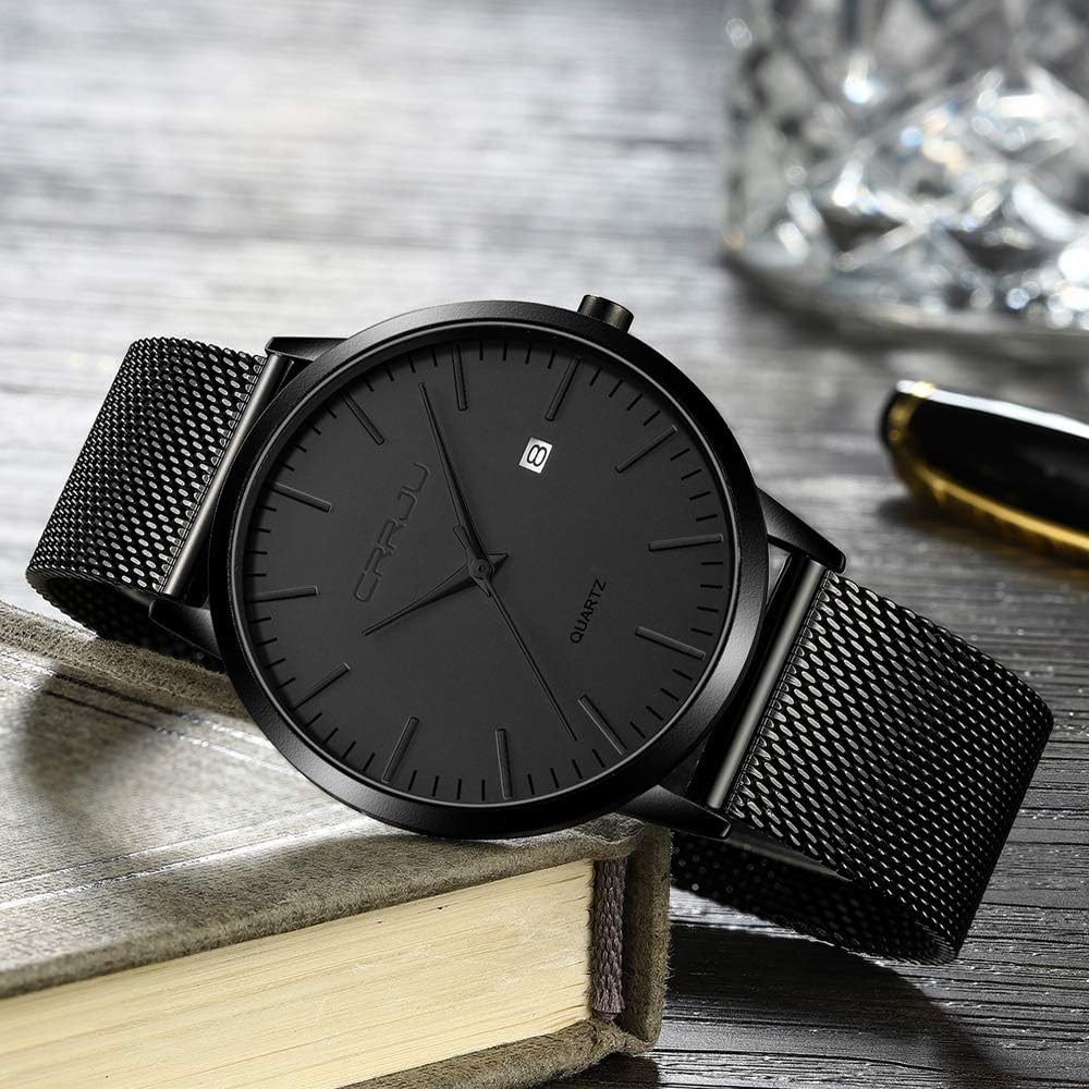 Detalle de CRRJU Herren-Uhr ultra dünn, wasserdicht mit schwarzem Edelstahl-Meshband – analog, Quarz