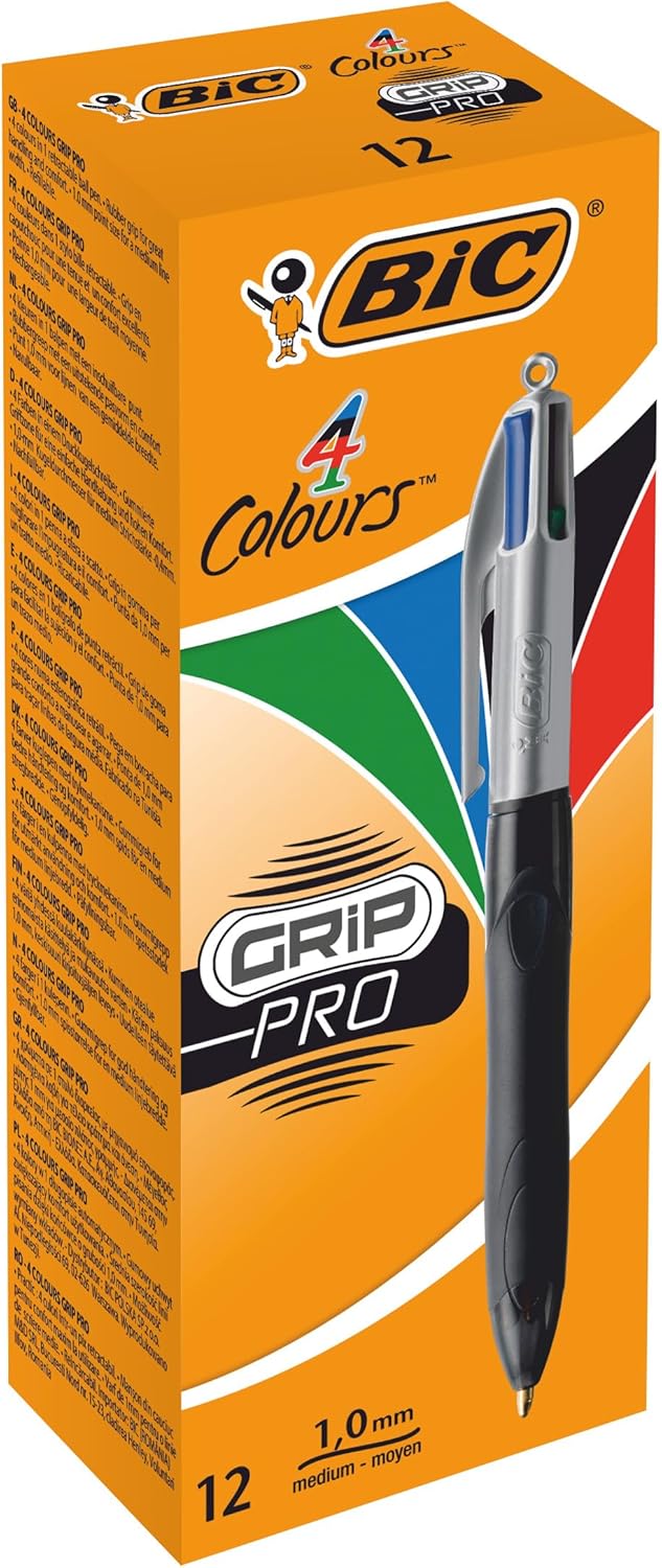 BIC 4 Colours Grip Pro Retractable Medium Point Pens (1.0 mm) – Felt Tip Style for Everyday Writing