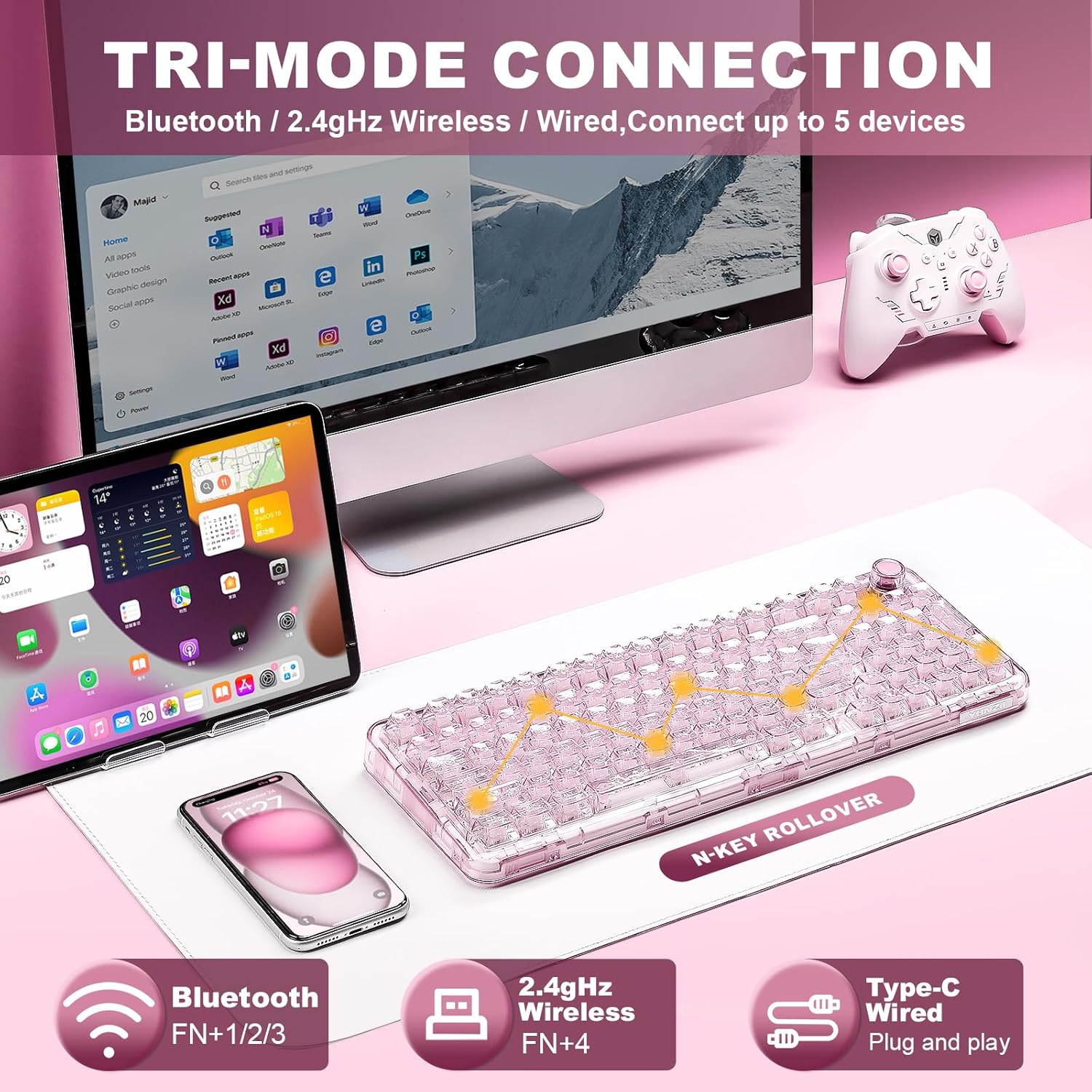 Thumbnail 2 de YUNZII X98 QMK/VIA Tri-Mode Tastatur (QMK/VIA, Hot-Swap, 2,4 GHz, Bluetooth, USB‑C, RGB „Pink/Crystal“)