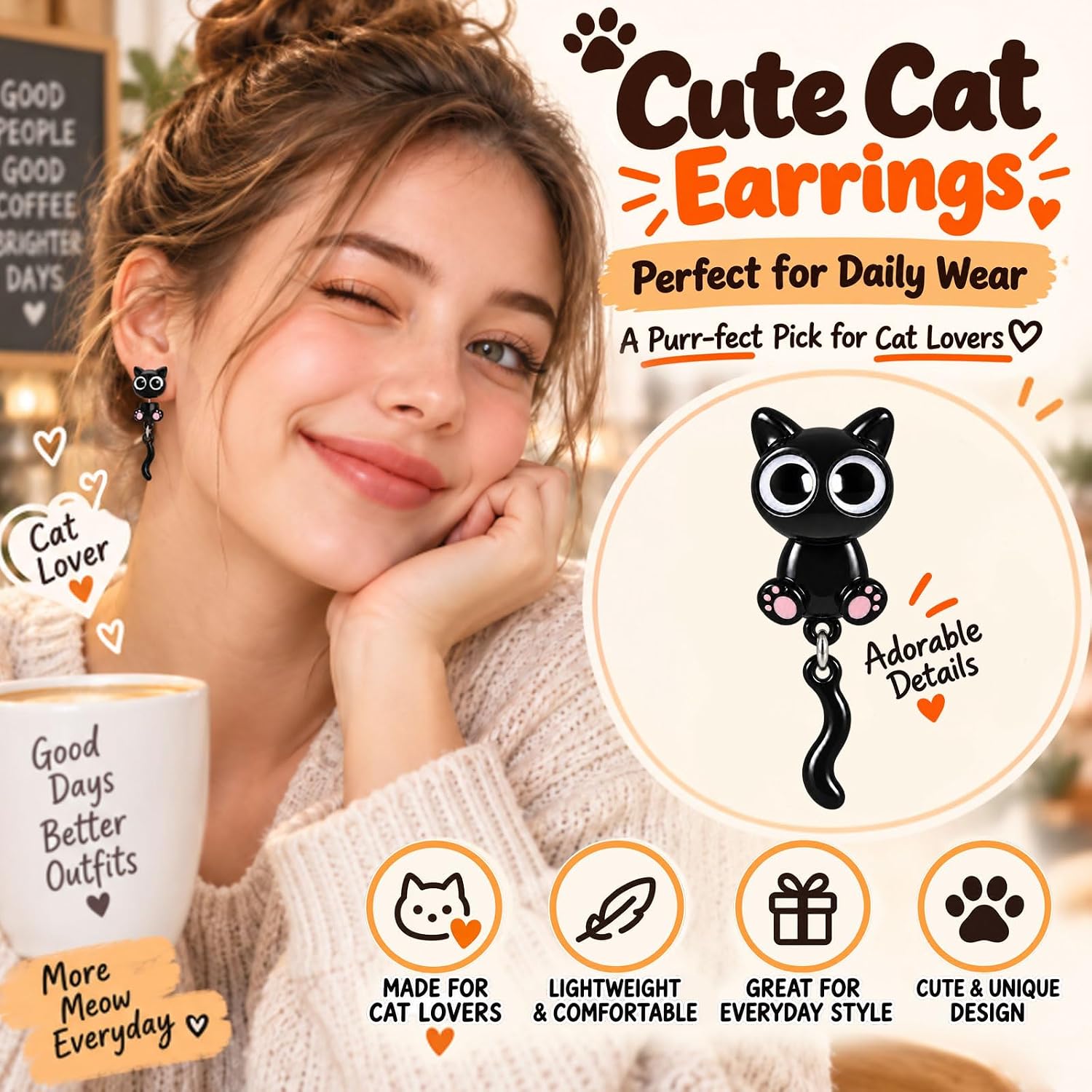 Thumbnail 4 de Black Cat Earrings with Silver-Plated Copper Posts