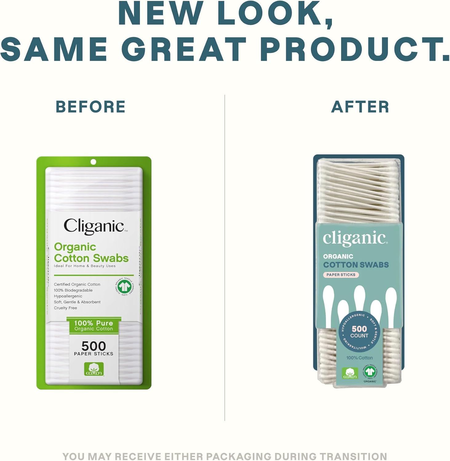 Detalle de Cliganic Organic Cotton Swabs, 500 Count: 100% Pure Cotton, Chlorine-Free, Gentle & Absorbent