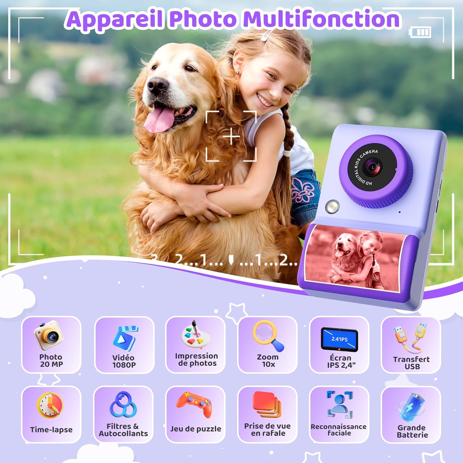 Thumbnail 2 de Appareil photo instantané enfant CHAKEYAKE 20 MP, écran 2,4 pouces et impression thermique (violet)