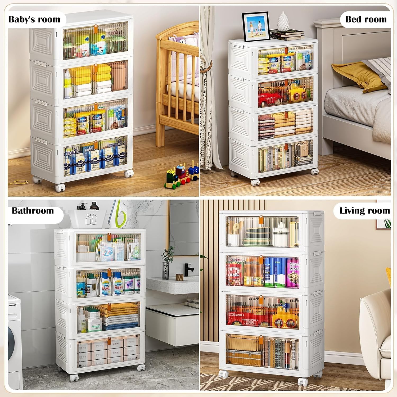 Detalle 2 de PurKeep Aufbewahrungsbox mit Deckel (35 l) – 4er-Set mit Rädern, klappbar & stapelbar, weiß