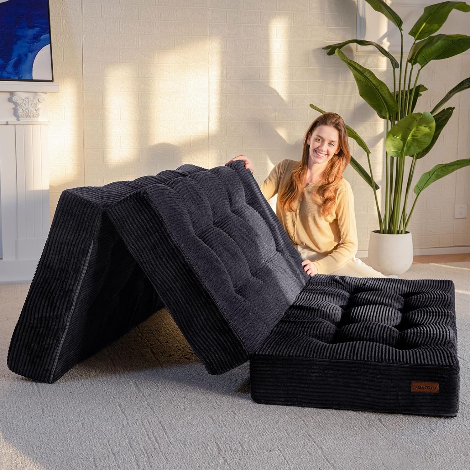 Detalle de MAXYOYO Folding Mattress, Comfy Corduroy Tri-Fold 15cm Foam – Black (UK King)