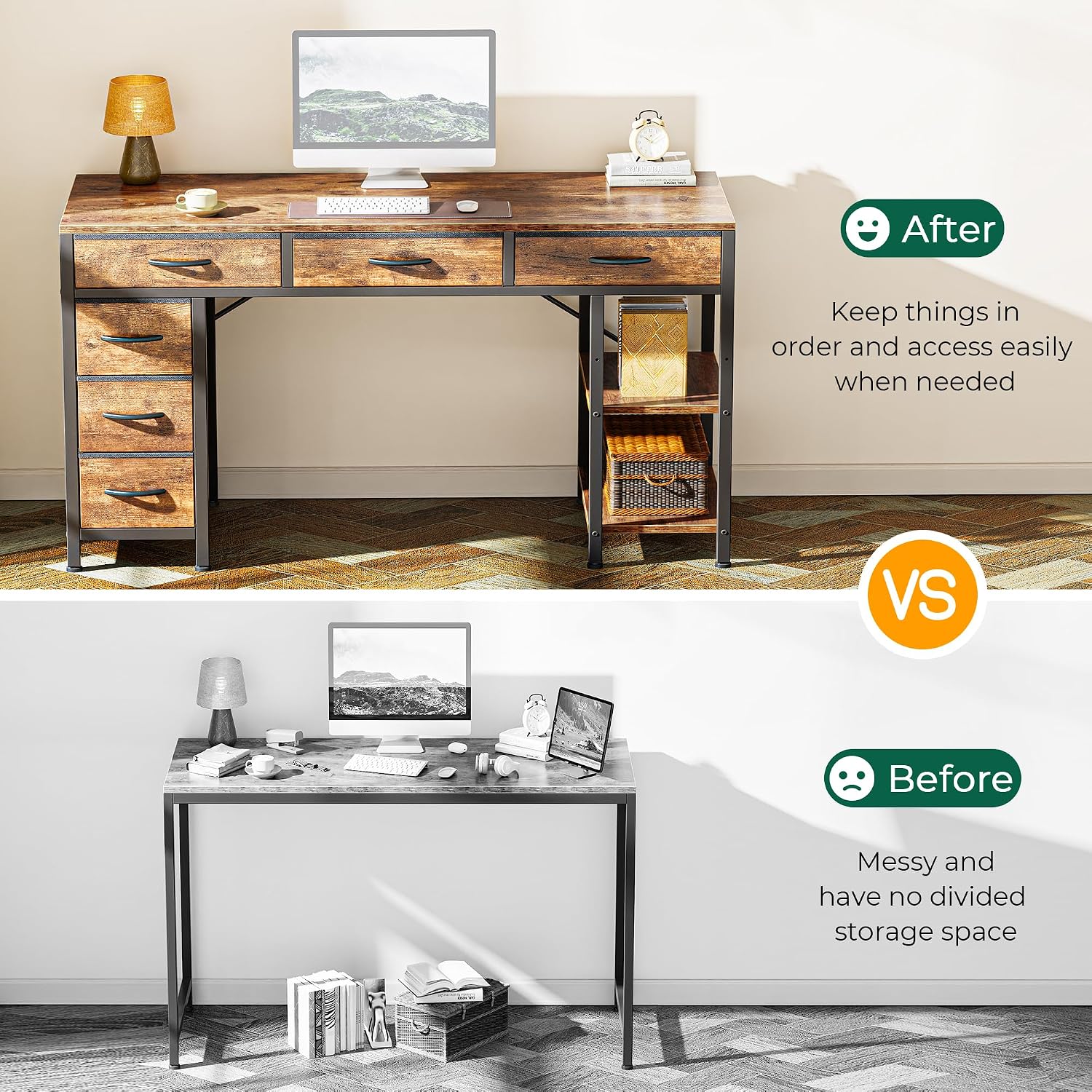 Thumbnail 4 de Huuger Computer Desk with 6 Drawers, Reversible Shelves, Rustic Brown, 47-Inch